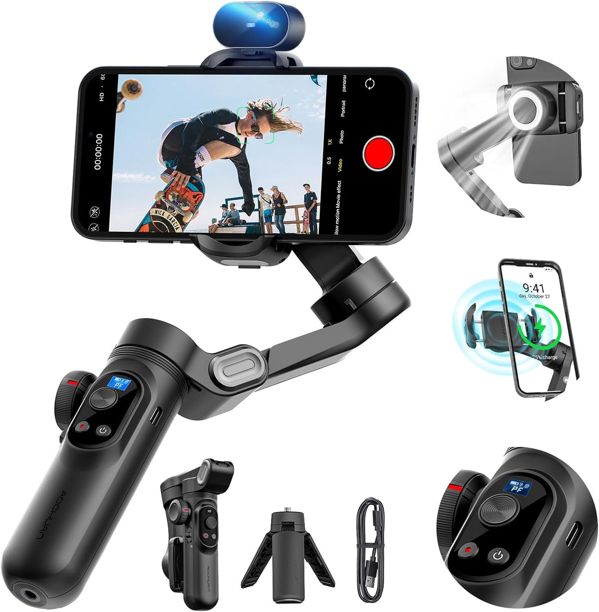 Smartphone Gimbal Stabilizer, 3-axis Stabilizer for iPhone&Android, AI Tracking Sensor(No App), Phone Gimbal w/OLED Screen/Built-in Light, AOCHUAN X Pro AI Version