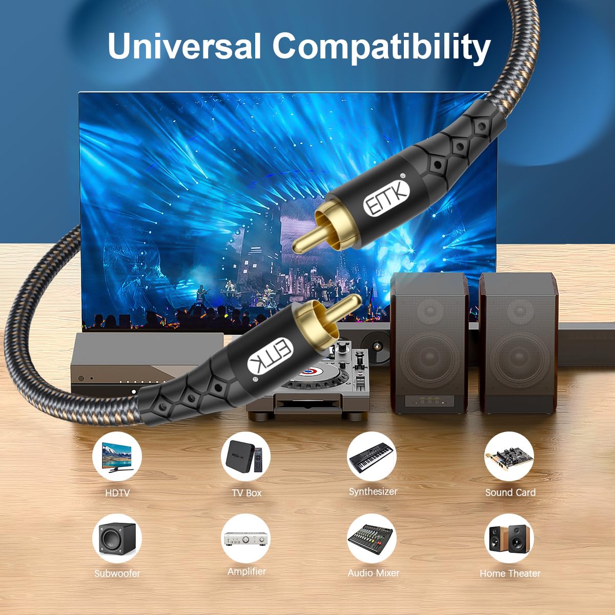EMK RCA to RCA Subwoofer Cable – 24K Gold-Plated Connector Nylon Braided Double Shielded Audio Cable Digital&Analog Signal Support for Amplifiers Subwoofer Home Theater Hi-Fi Systems Black/15ft/5m