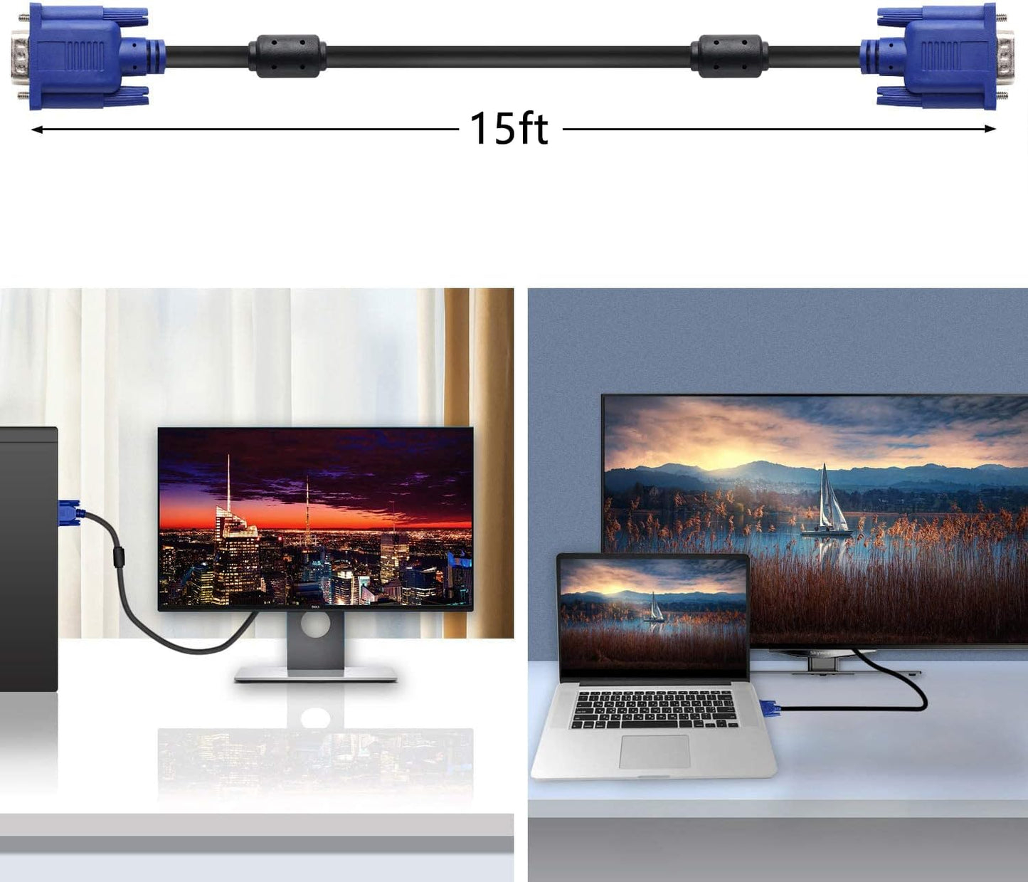 PASOW VGA to VGA Monitor Cable HD15 Male to Male for TV Computer Projector (15 Feet)