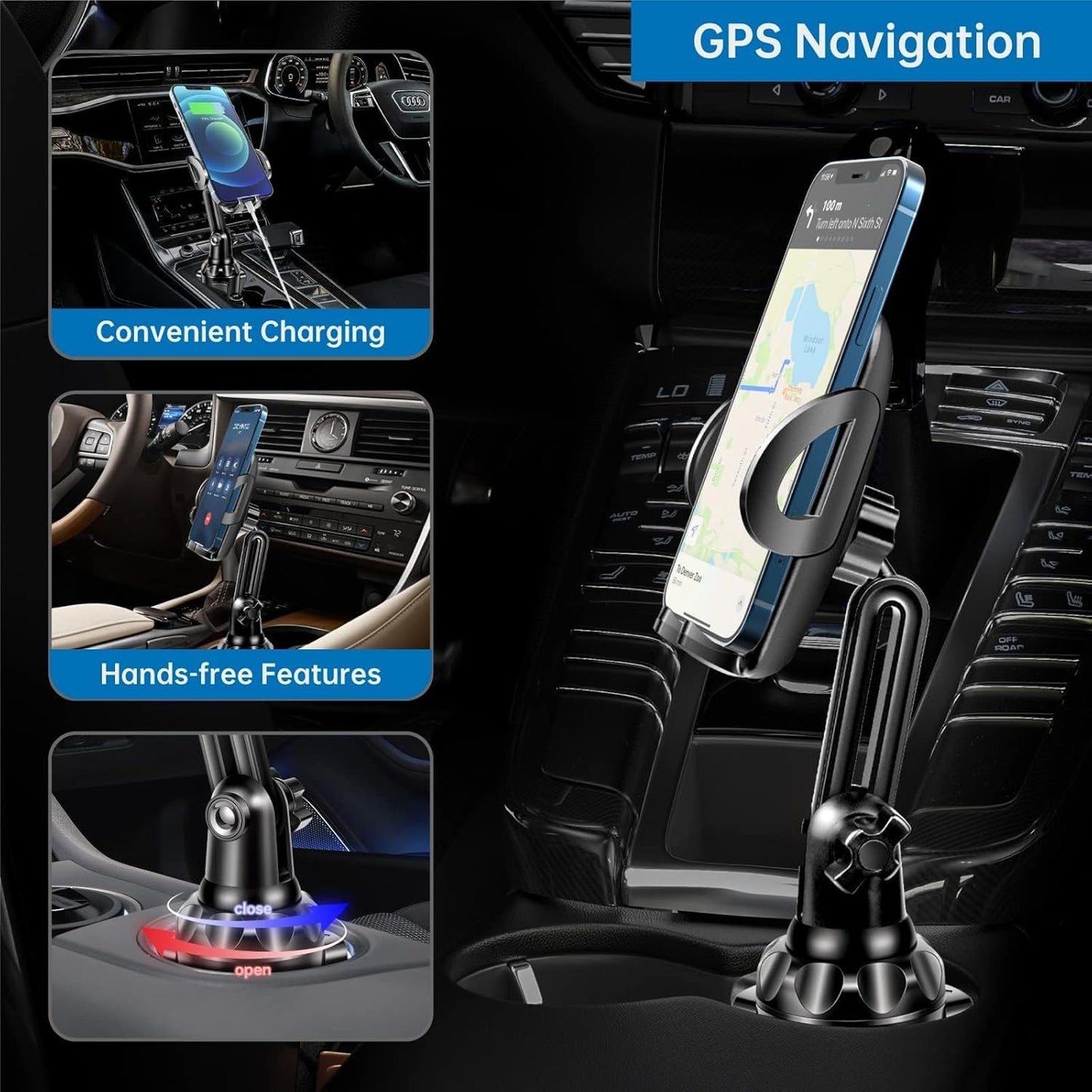 TOPGO Cup Phone Holder for Car, [No Shaking & Stable & Adjustable Pole] Car Cup Phone Mount, Compatible with iPhone 16 and All 4.0-7.0 inches Smartphones - Black