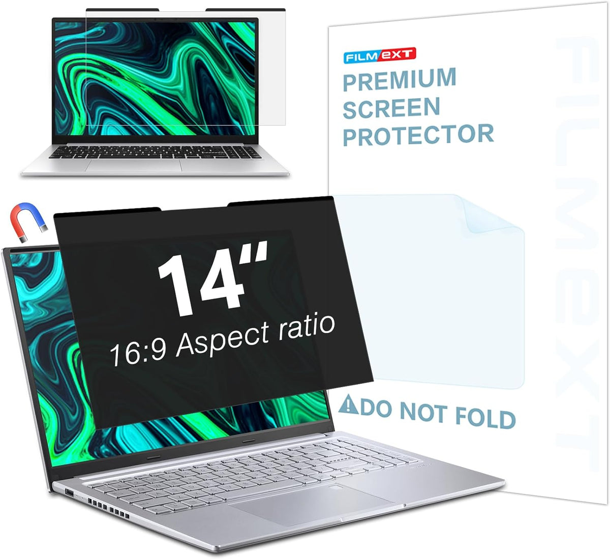 FILMEXT Magnetic Laptop privacy screen 14 inch for 16:9 Widedisplay, Removable Laptop Privacy Screen Shield Anti Glare Blue Light Filter for HP/Dell/Acer/Lenovo/Asus