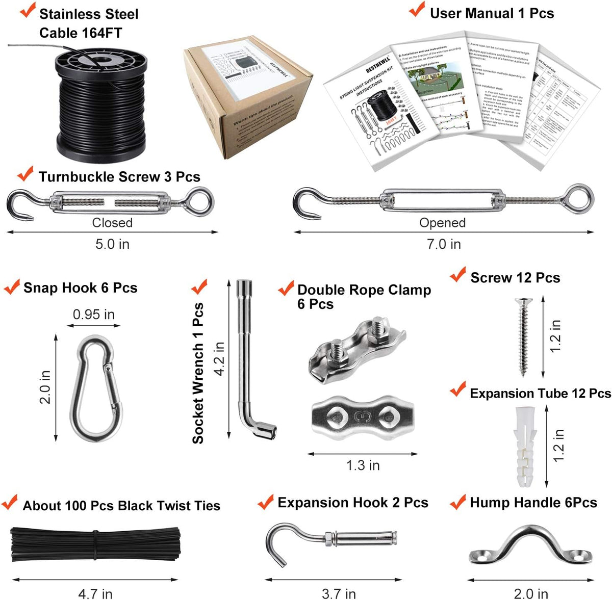 String Lights Hanging Kit,Globe String Lights Suspension Kit,Outdoor Light Guide Wire,Includ 164 FT Nylon-Coated Stainless Steel Wire Rope Cable,Turnbuckle and Hooks,Enough Accessories,Use Manual