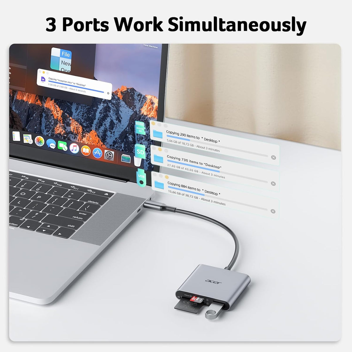 Acer SD Card Reader USB C, 3 in 1 Memory Card Reader with Dual Slots & USB 3.0, Micro SD Card Adapter for iPhone 16/15 Compatible with Camera, Android, MacBook Pro/Air, Laptop