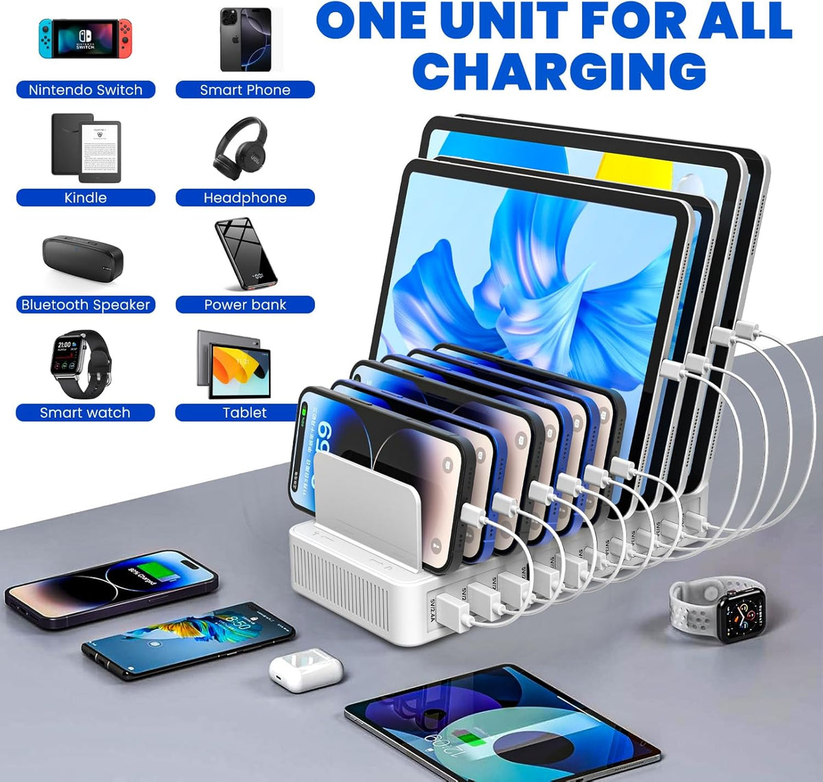 Charging Station for Multiple Devices, 100W 10 Ports Flat Plug Charging Dock with 10 Cables Smart IC Tech and Adjustable Dividers Type-C，Multi USB Charger for iPhone Galaxy iPad Tablet，White