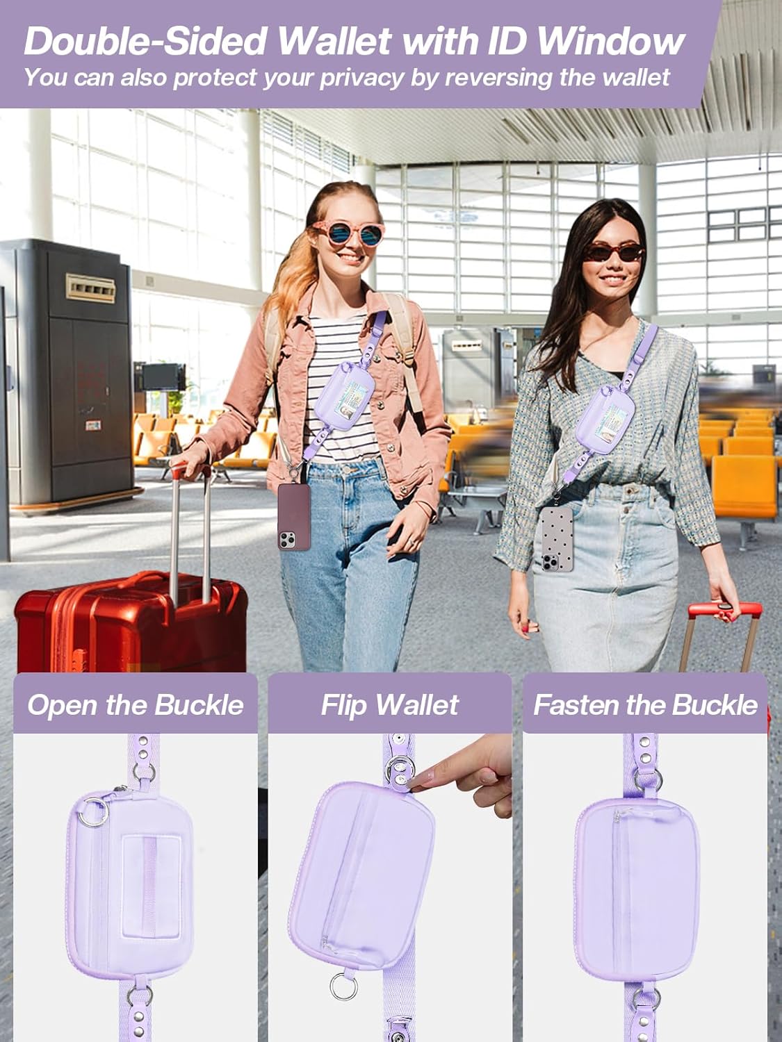 Clip and Go Strap for Phone with Wallet Crossbody Phone Lanyard Adjustable and Detachable RFID Wristlet Wallet with ID Window and Zipper, Purple