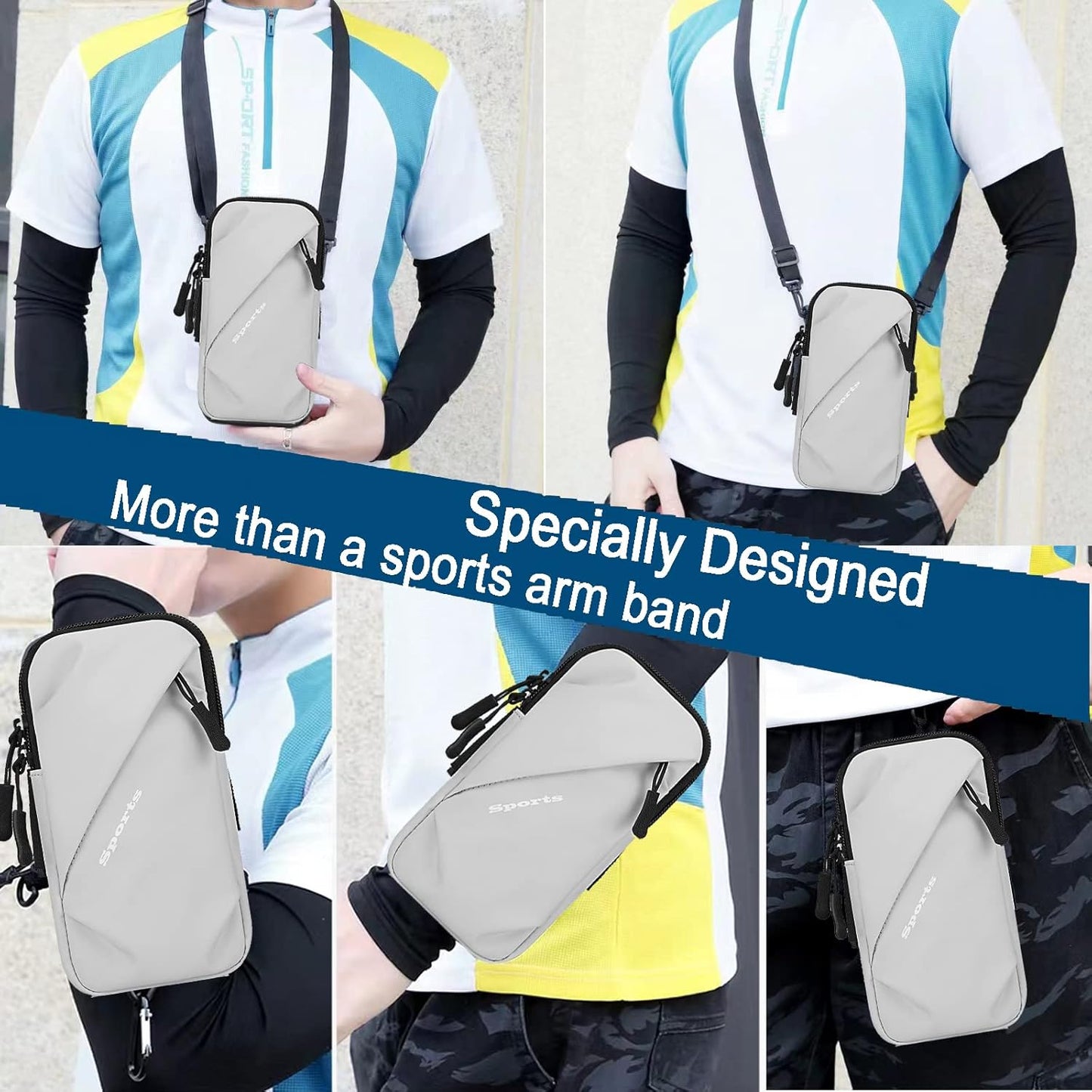 Phone Holder Arm Bands, Small Crossbody Shoulder Holsters Bag with Arm Band, Fits iPhone and All Cell Phones, Use for Running, Walking, Hiking & Biking (Plus Size,Grayish White)