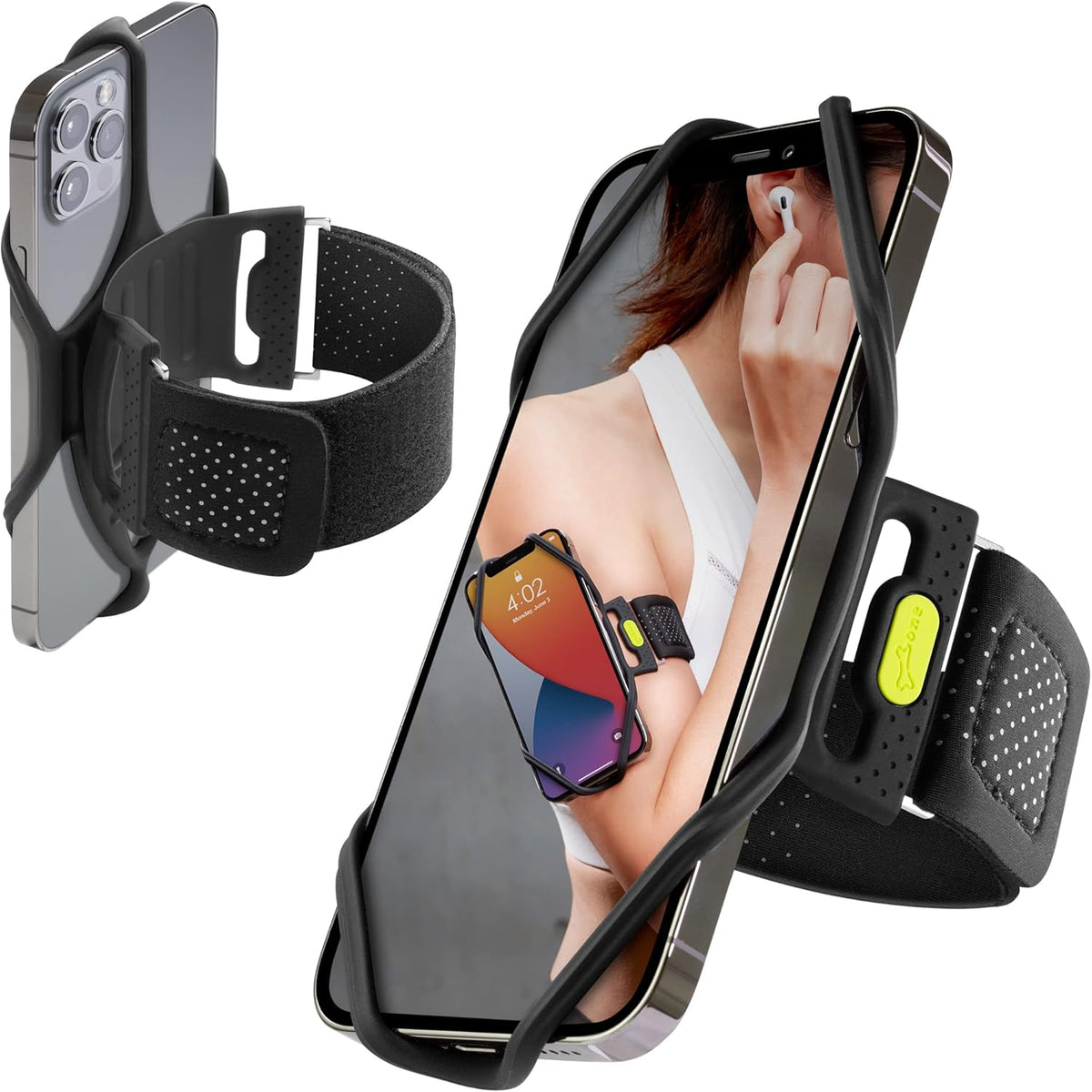 BONE Run Tie 2, Running Phone Holder, Skin-Friendly Silicone Sport Armband with Dual Layer Design for Heat-Dissipation, Workout Phone Carrier for Most Smartphone (L Arm Size/9.8-15.7 inches)