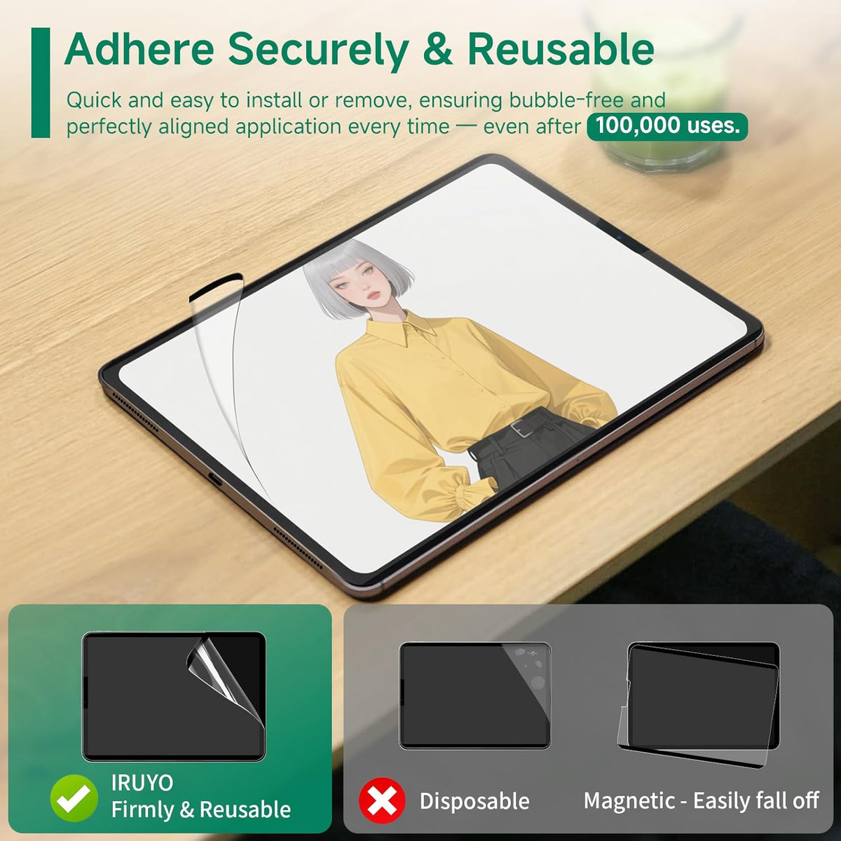 Nano-Suction Paper Feel Screen Protector for iPad Pro 12.9 Inch 6th/5th/4th/3rd Generation (2022/2021/2020/2018), Removable, Reusable, Write as Real Paper, Anti Glare, Stable, Matte Finish