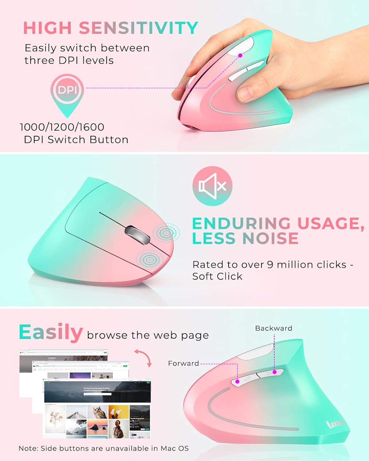 Lekvey Ergonomic Mouse, Vertical Wireless Mouse, Rechargeable 2.4G Optical Carpal Tunnel Mice with USB Receiver: 1000/1200 / 1600 DPI, 6 Buttons, for Laptop, Computer, PC, Desktop, Pink Green