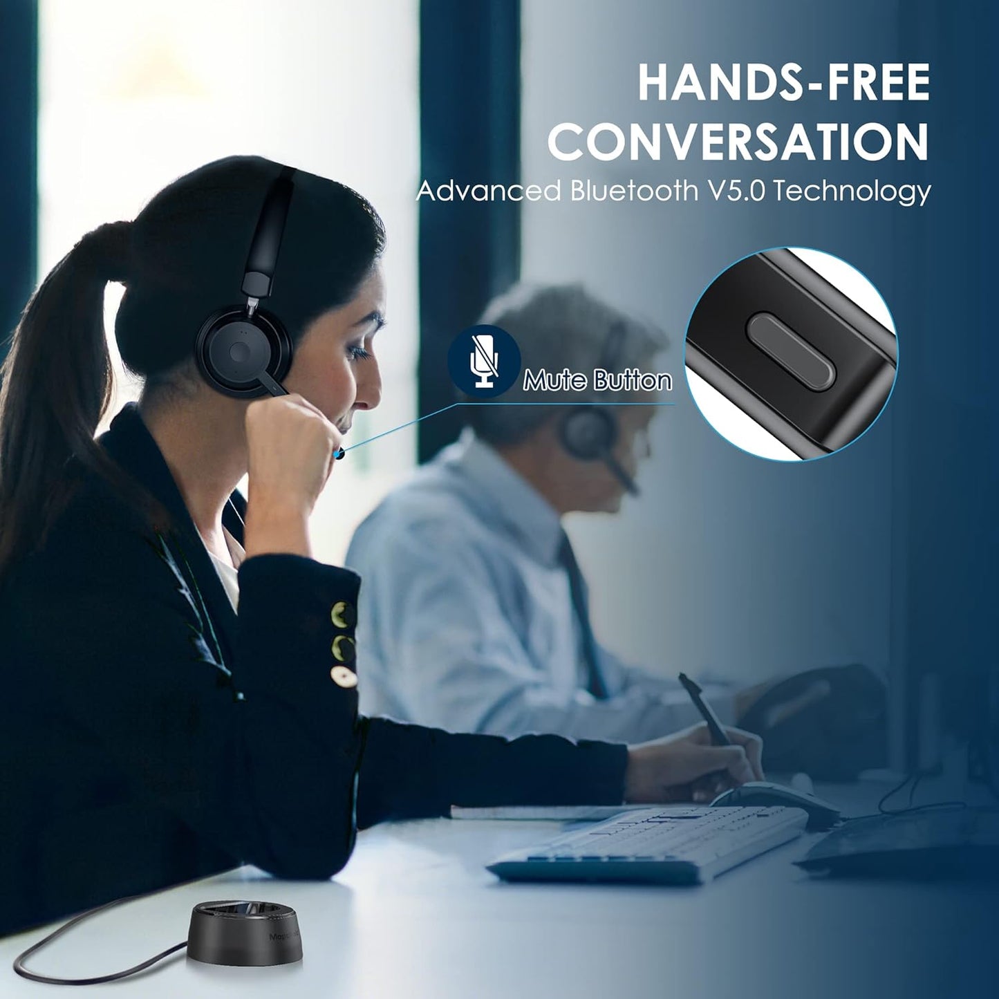 Bluetooth Headset, Wireless Headphone with Microphone for Computer, On Ear Bluetooth Headset with USB Dongle for Office Call Center Skype Zoom Meeting Online Class (Gray)