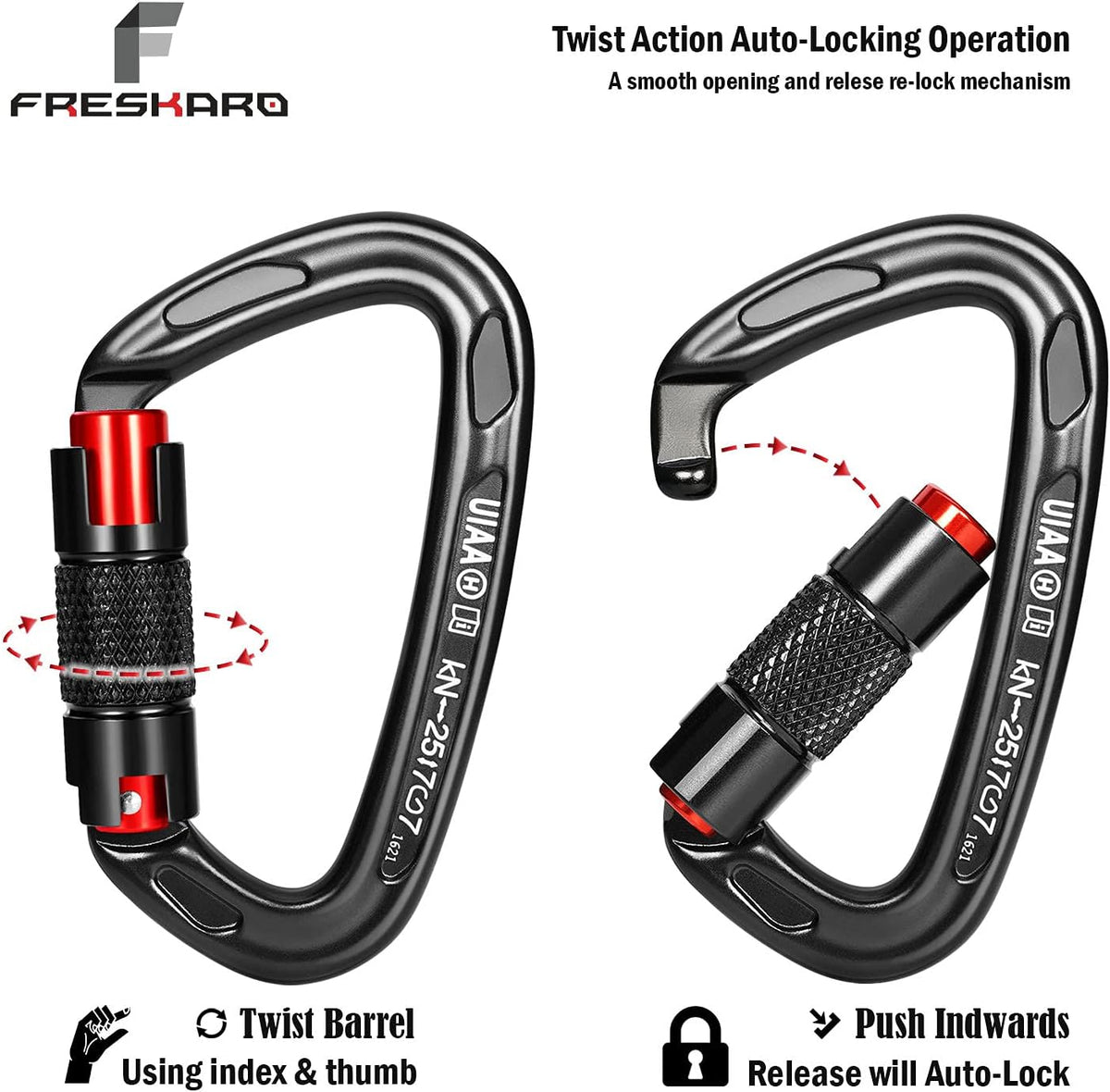 FresKaro UIAA Certified 25KN Auto Locking Climbing Carabiner Clips, Twist Lock, and Heavy Duty Carabiners for Rock Climbing, Rappelling, and Mountaineering, D Shaped