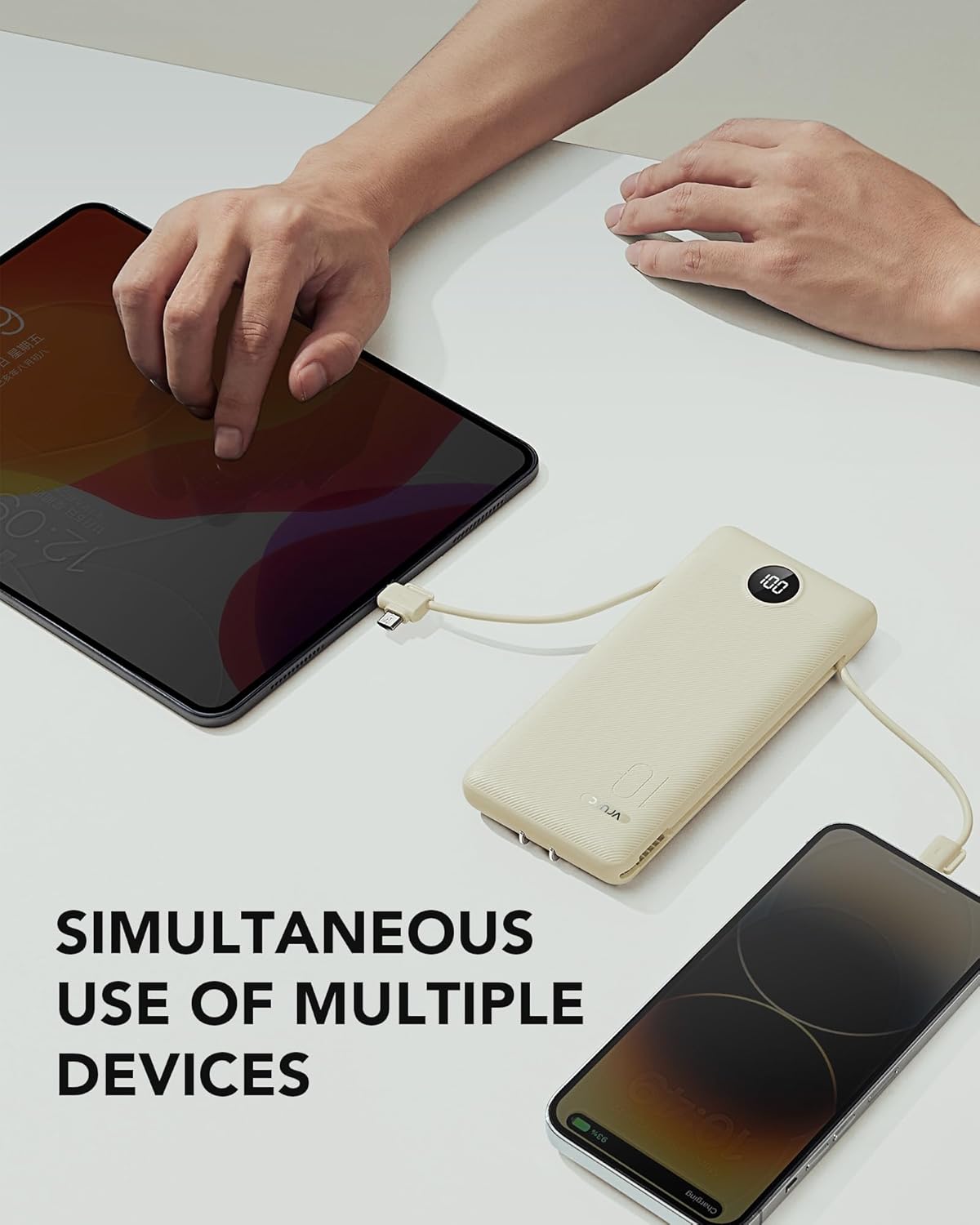 Portable Charger Built-in Cables and AC Wall Plug, USB C Power Bank 10000mAh, Travel Battery Portable Phone Charger Compact Lightweight External Battery Pack for Smart Phones, Tablets etc-Light Coffee