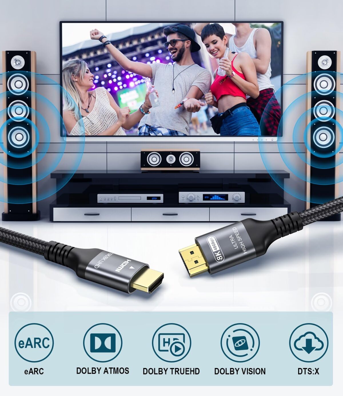 Certified 10K 8K HDMI 2.1 Cable 25 FT, 48Gbps Ultra High Speed HDMI Cable with Ethernet 4K 240Hz 165Hz 144Hz 120Hz 8K60Hz eARC HDCP2.3 HDR10+ PC Laptop TV Monitor Projector