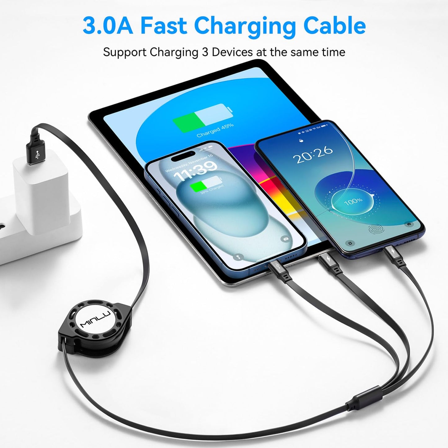 Multi Charging Cable, [2Pack 4Ft] 3 in 1 Retractable Fast Charger Cable Multi Charging Cord USB Cable Adapter with Lightning/Type C/Micro USB Port for Cell Phones/iPhone/Samsung Galaxy/Tablets & More