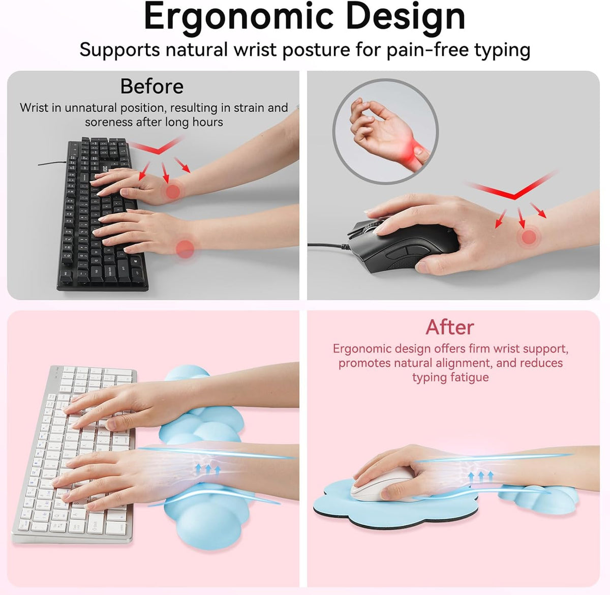 Cloud Wrist Rest for Computer Keyboard, 4-in-1 Memory Foam Leather Cloud Keyboard Wrist Rest and Mouse Pad Set with Ergonomic Support for Arm and Palm Cushion, Gaming/Work Setup, Blue