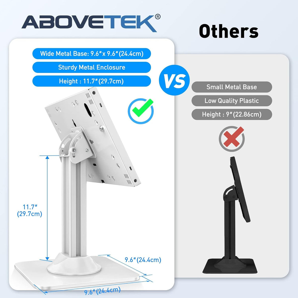 AboveTEK Anti-Theft iPad Kiosk Stand – POS iPad Security Stand & Locking Tablet Stand – Heavy Duty Base, 360° Swivel, 75° Tilt Bracket – Retail Business for iPad/iPad Air/iPad Pro (White)