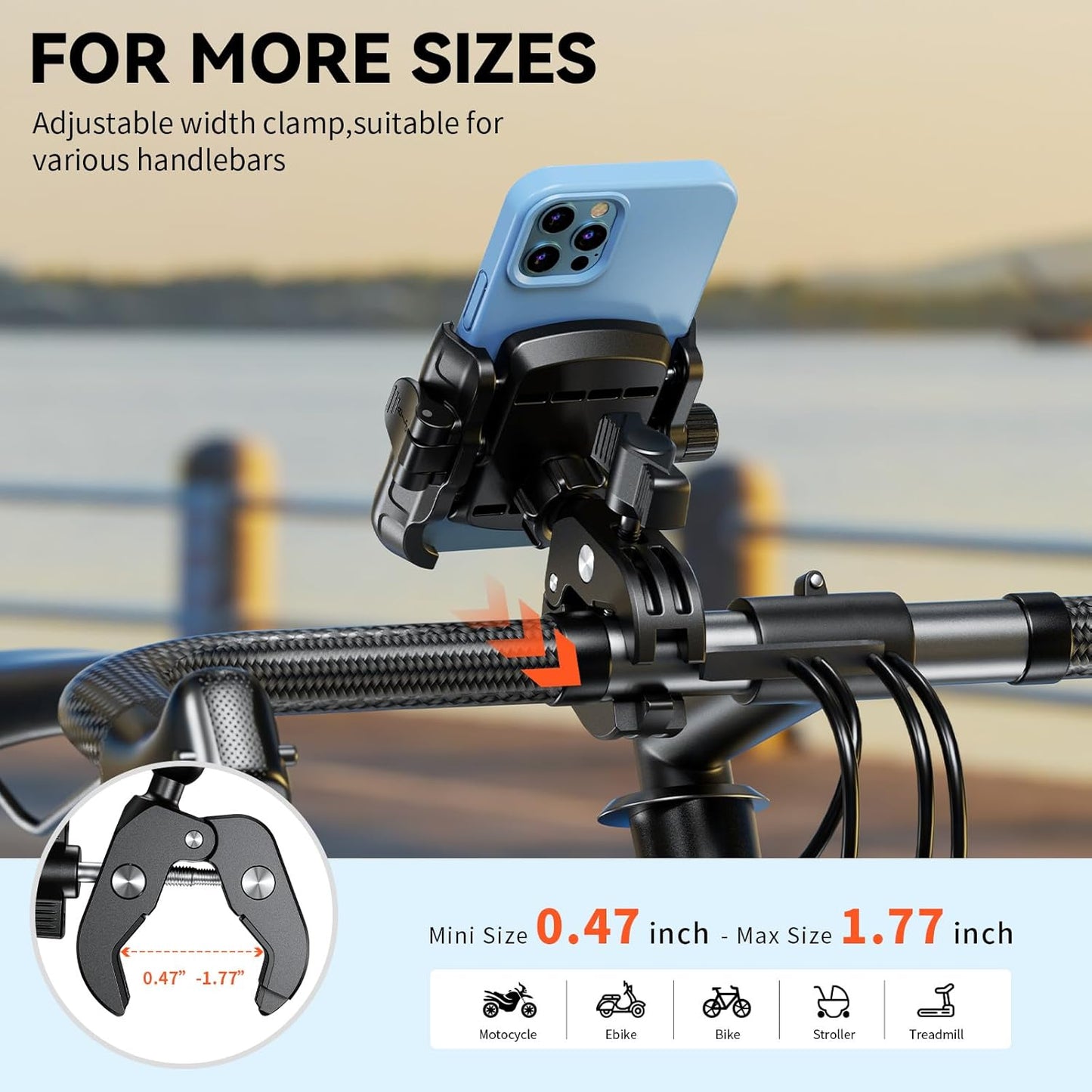 Kewig Motorcycle Phone Mount Holder- [Camera Friendly] [1s Lock & Release] Bike Phone Mount Handlebar Clamp, Bicycle Scooter Phone Holder for 5.4-7.2" Smartphones