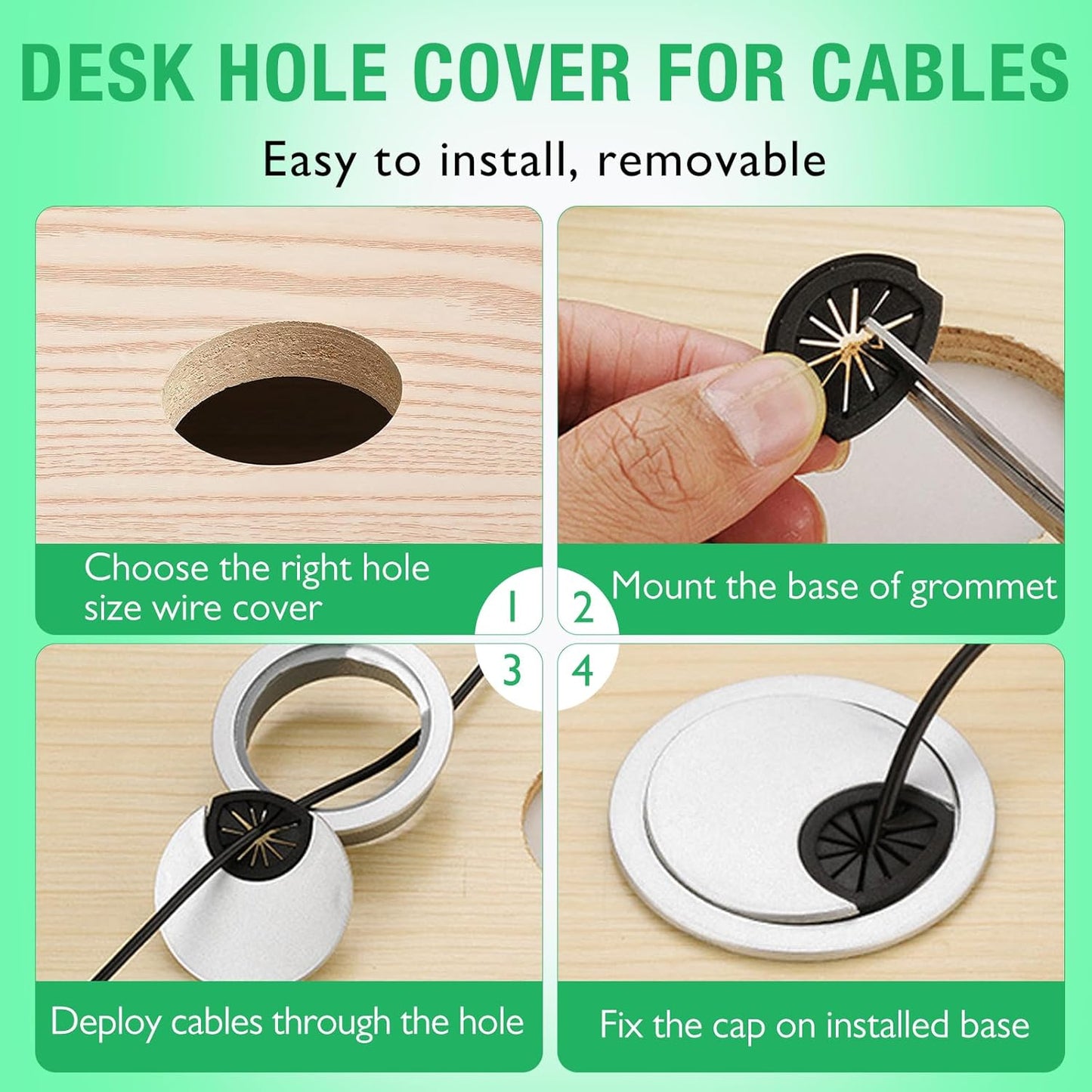 2 Pcs Desk Grommet 2" / 50 mm, Desk Cord Hole Cover, Cable Grommet ABS Plastic, Desk Hole Grommet for Home & Office Pc, Detachable Cable Cord Organizer-Silver Sand