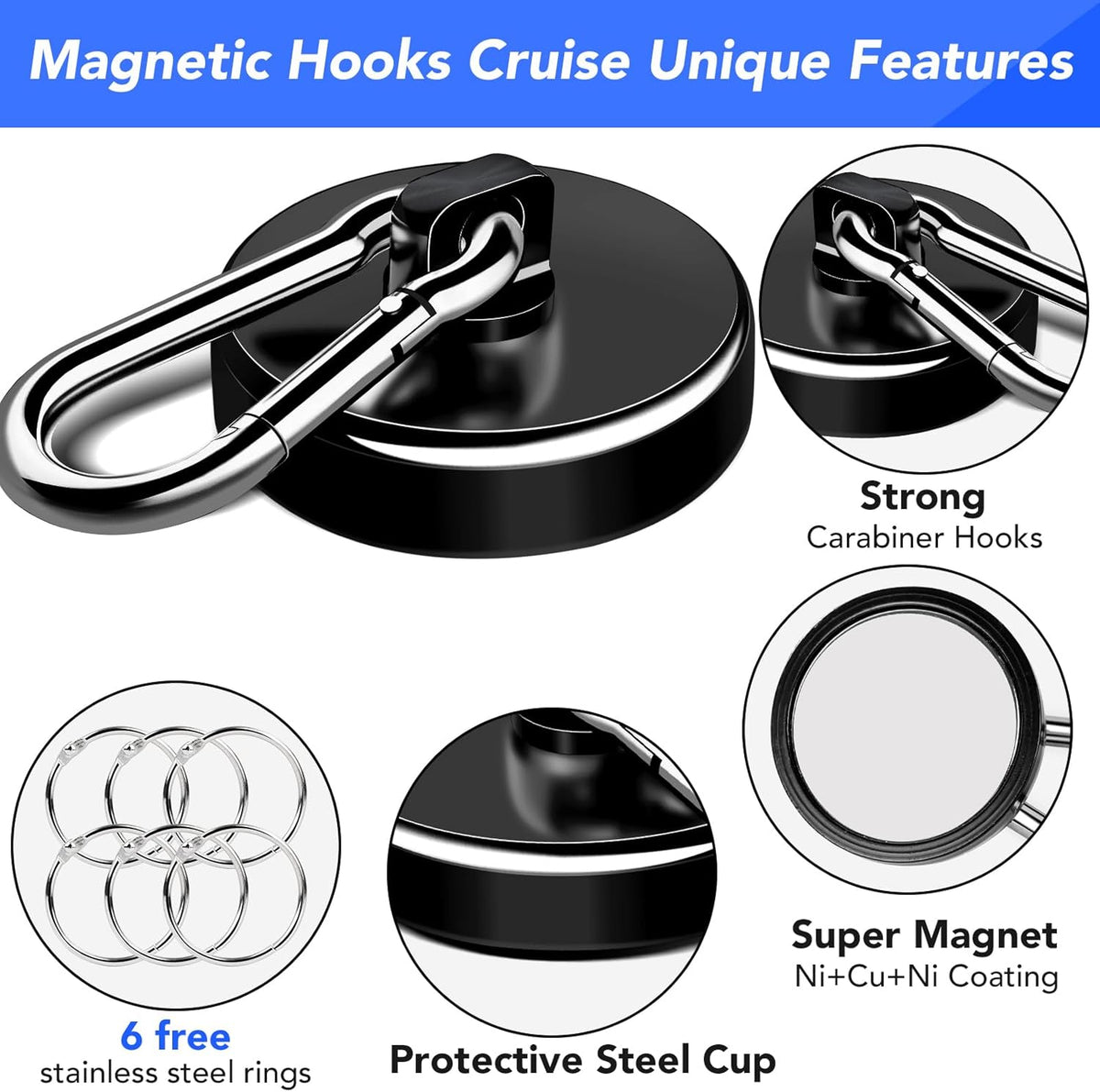 LOVIMAG Magnetic Hooks, 150LBS Strong Magnet Hooks Black Swivel Magnetic Hook Heavy Duty for Refrigerator, Neodymium Magnets with Carabiner Hook for Hanging, Kitchen, Cruise Cabins, Grill-6 Pack