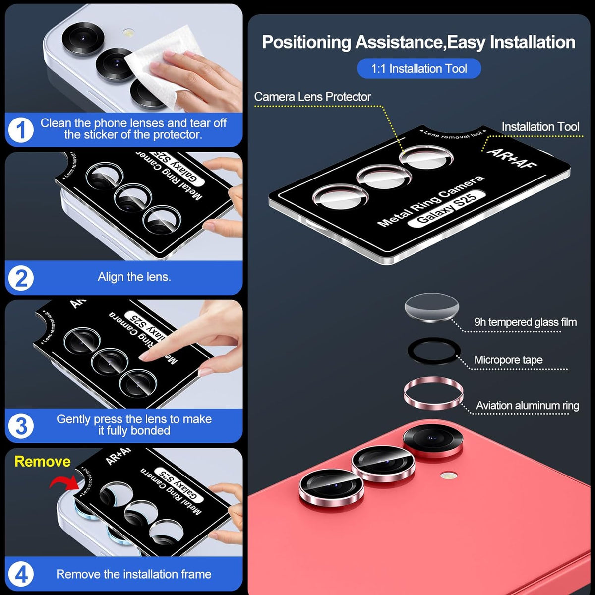 for Samsung Galaxy S25 Camera Lens Protector, Individual Metal Ring Tempered Glass Lens Cover, [Strong Adsorption] Scratch Resistant Ultra-Thin HD Clear Lens Cover, 1 Set-Pink Ring