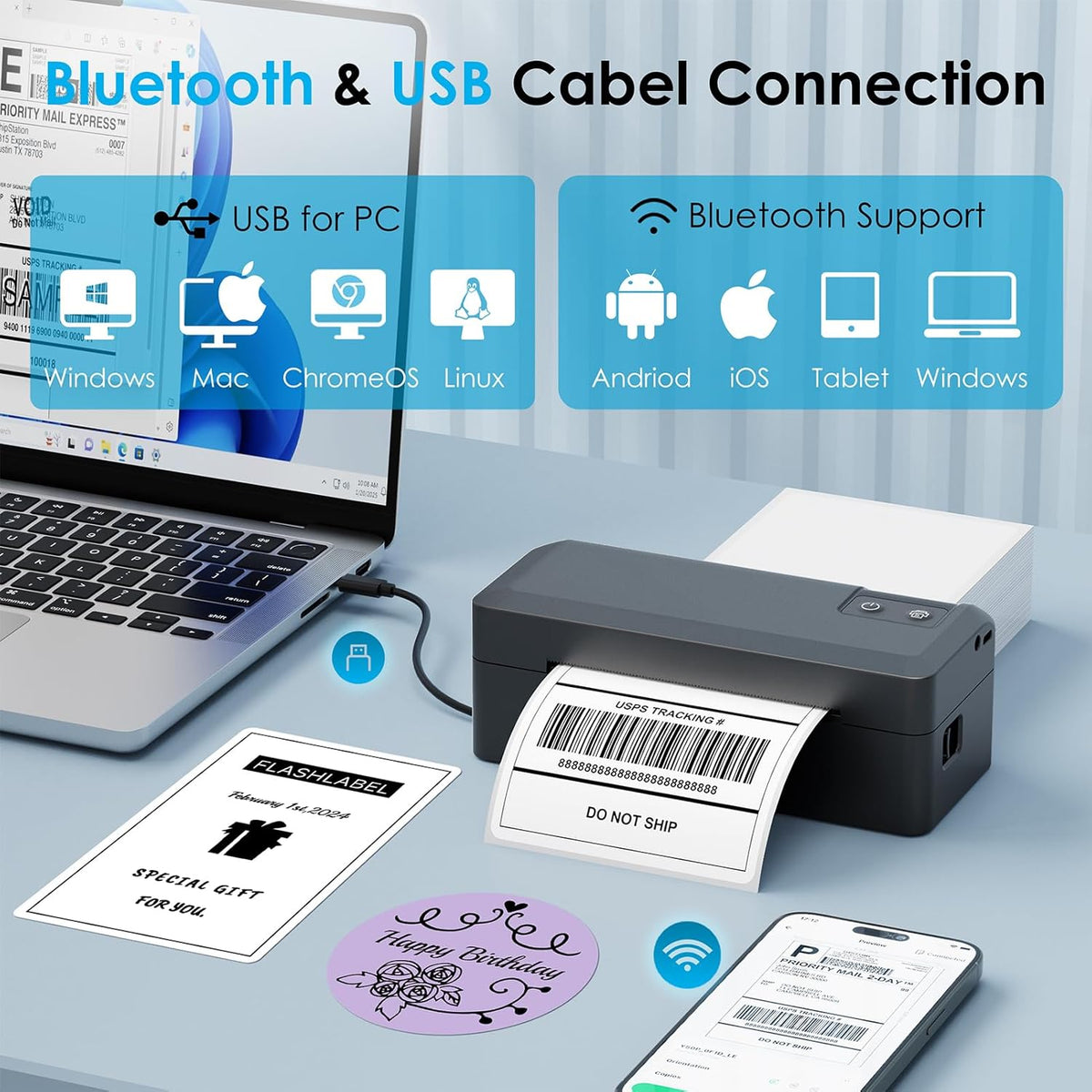 Shipping Thermal Label Printer, 4x6 Portable Label Printer, Bluetooth Label Maker for Small Business, Support iPhone,Android,Windows,Mac,Chromebook,Works with USPS, Ebay,Shopify&More, Black