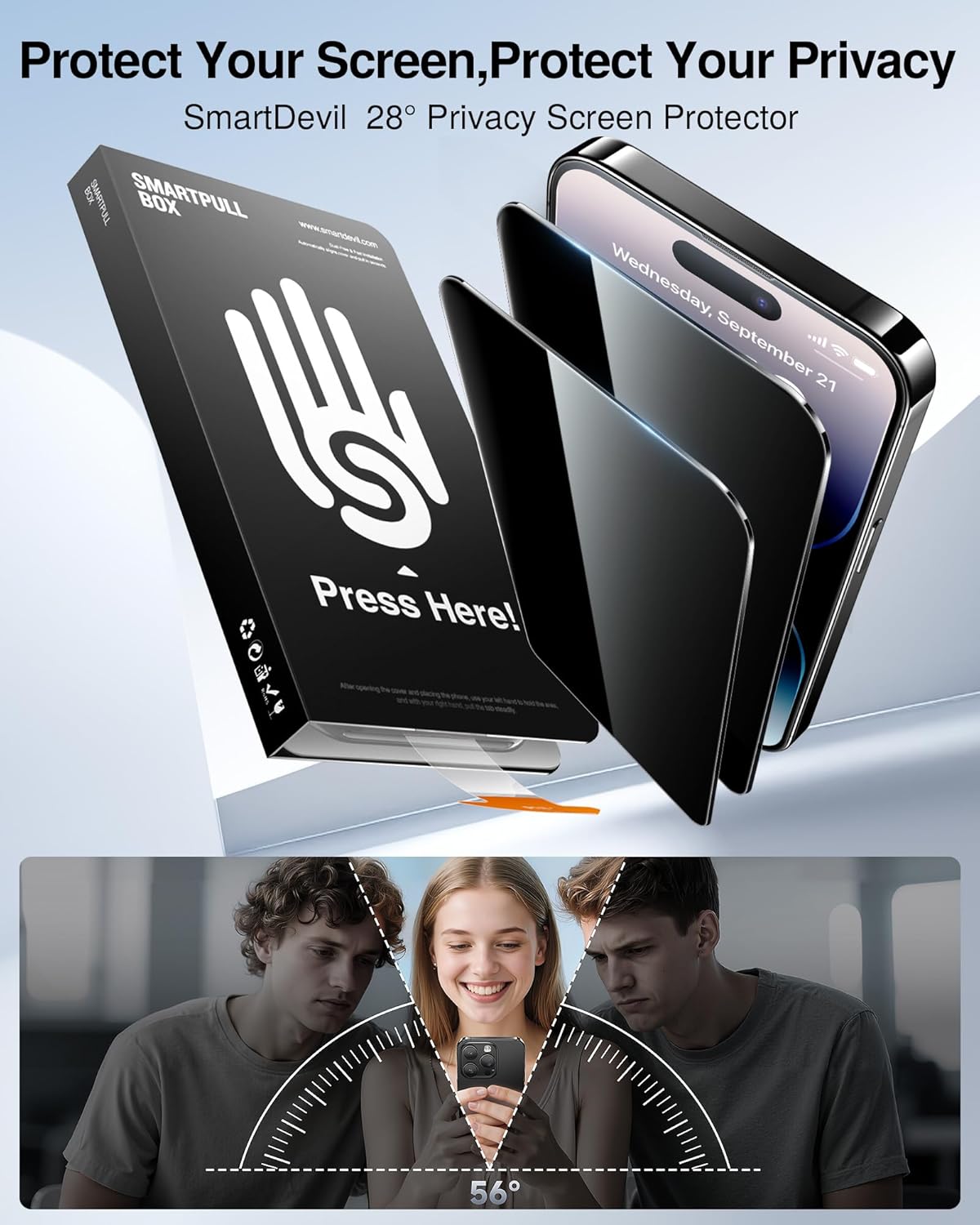 SMARTDEVIL 2 Pack for iPhone 14 Pro Privacy Screen Protector, Military Grade Shatterproof, 9H Hardness, Anti-Spy Tempered Glass, Fast & Easy Instlltion, Case Friendly