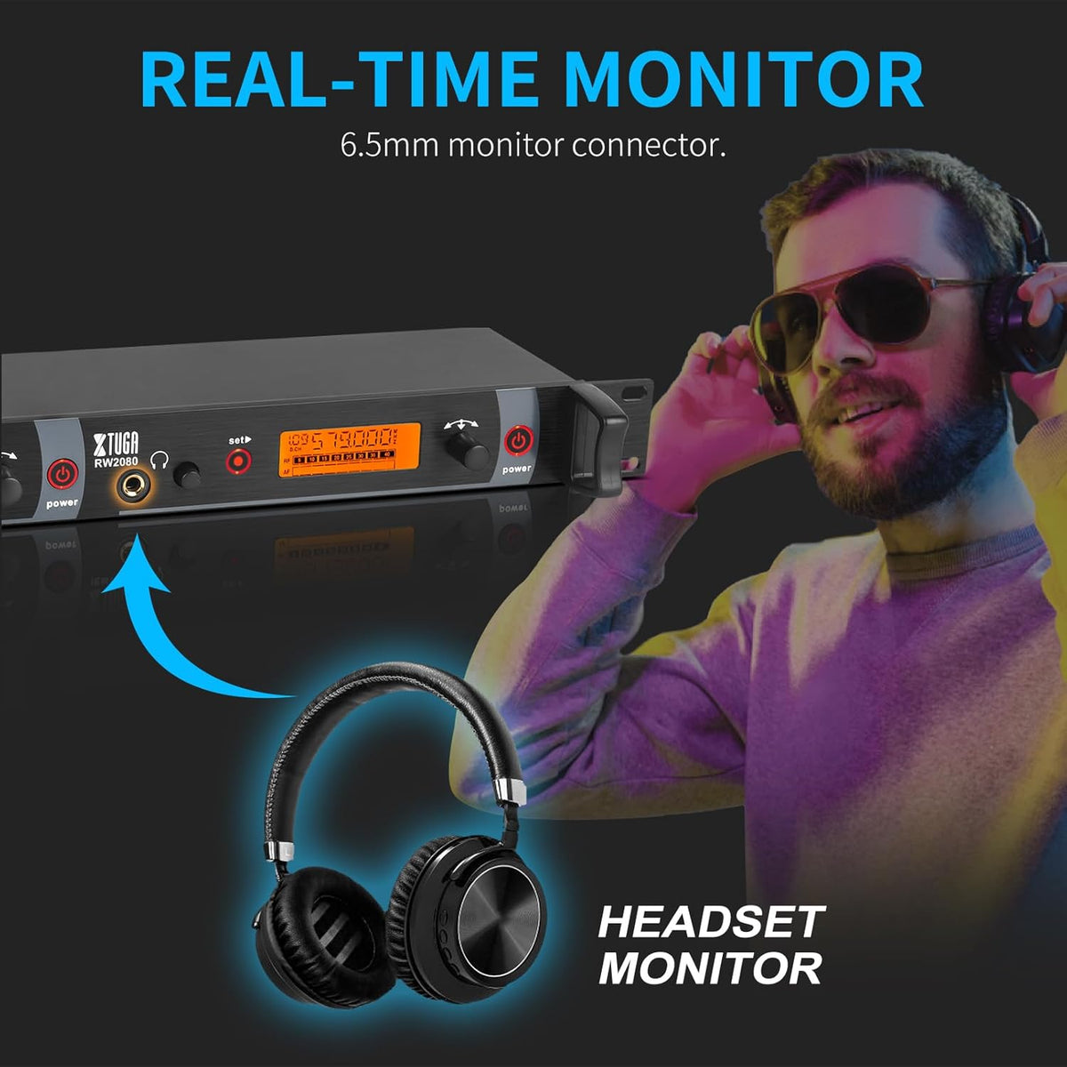 XTUGA RW2080 Wireless in Ear Monitor System 4 Bodypacks UHF IEM System, Dual Channel Mono Design Stage Monitors Earphone with 40 Frequencies, 300Ft for Band, Studio or Musicians, 902-928mhz