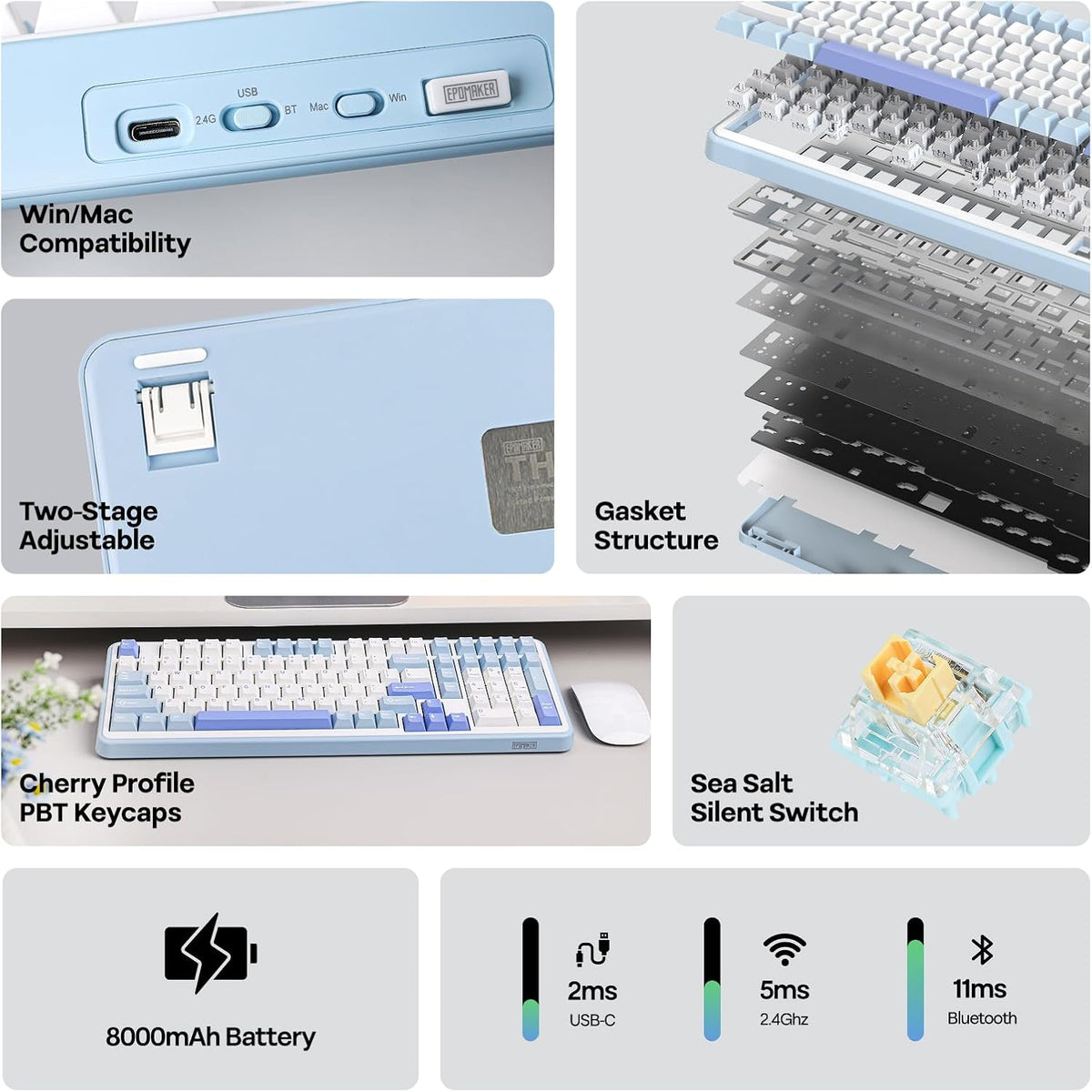 EPOMAKER TH99 Wireless Mechanical Keyboard with Lubed Silent Switch, Quiet Gaming Keyboard, 8000mAh,Creamy Gasket,RGB Backlit,Numpad,PBT Keycap,Hot Swappable,for Gamers/Office (Blue&White)