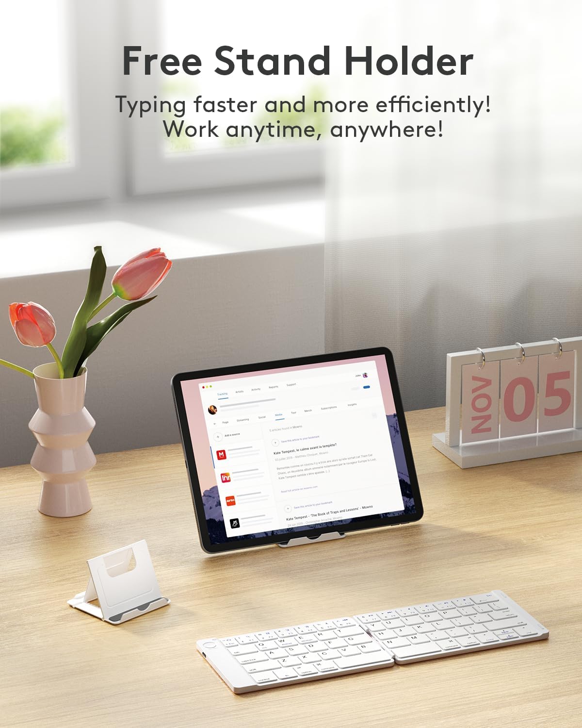 Samsers Foldable Bluetooth Keyboard - Portable Wireless Keyboards with Stand Holder, Rechargeable Full Size Ultra Slim Folding for iOS Android Windows Smartphone Tablet and Laptop, White-Pink