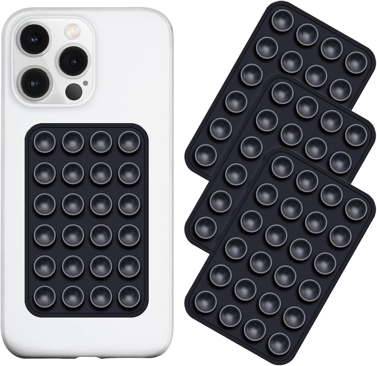 Silicone Suction Phone Case Mount 3 Pack, Silicon Adhesive Suction Cup Phone Mount, Non Slip Sticky Phone Grip for Cellphone, Strong Grip Holder for Selfies and Videos (Black)