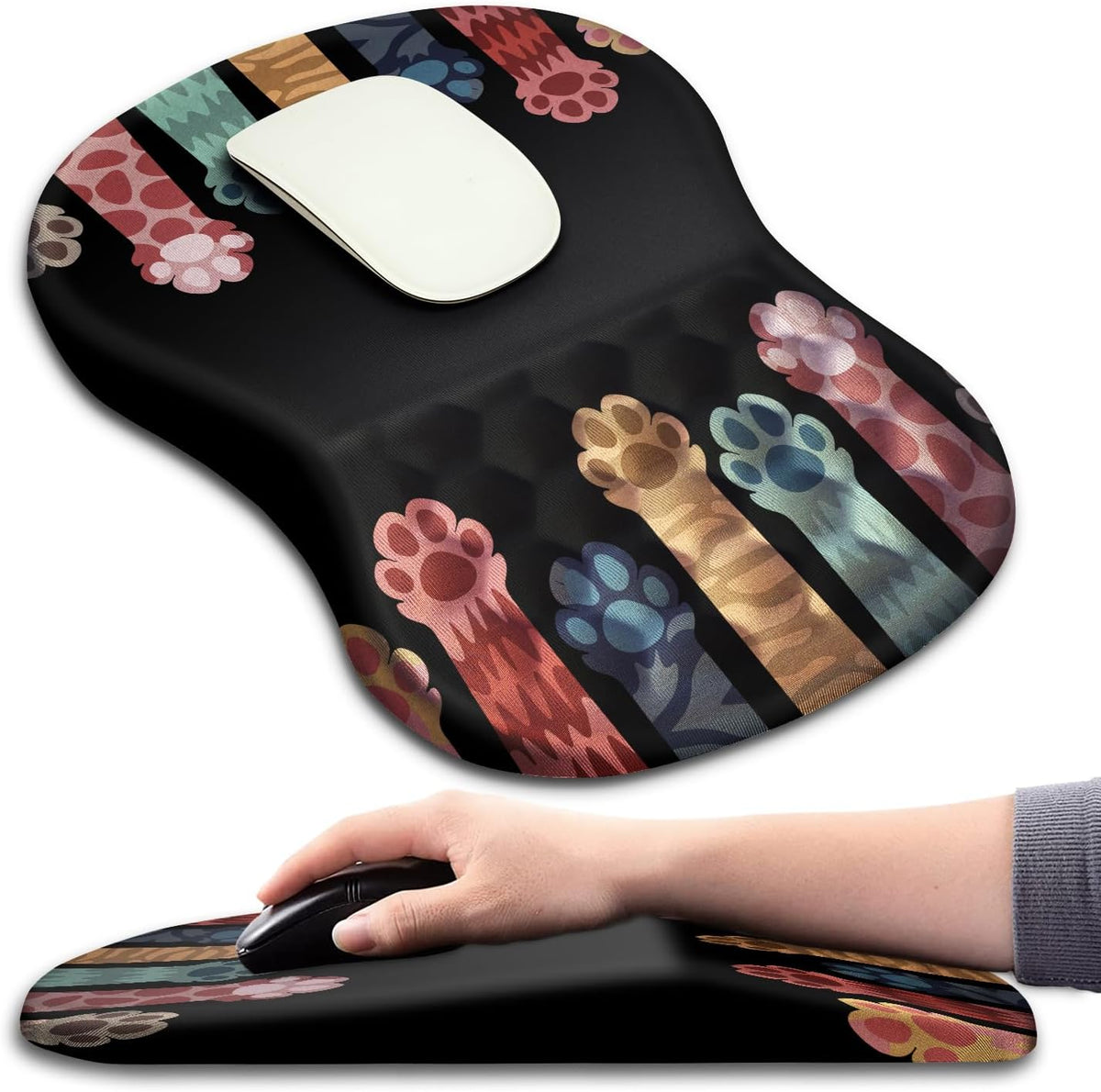 Hokafenle Ergonomic Mouse Pad Wrist Support with Massage Design, Wrist Rest Pain Relief Mousepad with Memory Foam&Non-Slip PU Base, Mouse Pads for Wireless Mouse & Desk (12x8 inch,Paw)