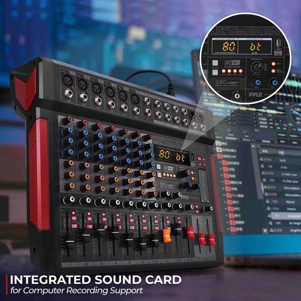 Pyle Professional DJ Audio Mixer Controller - 8Channel DJ Controller Sound Mixer w/ DSP 380 Preset Effects, Recording, USB, 6 XLR Mic/Line Input, AUX, FX Processor MP3 Player, Headphone Jack - PMX648