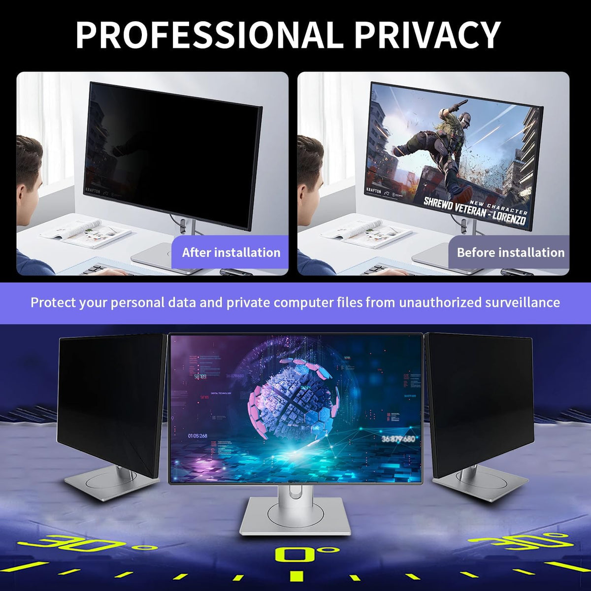 [2 Pack] Magnetic Computer Privacy Screen Filter 24 Inch for 16:9 Widescreen Monitor Desktop PC, 24in Hanging Removable Anti Glare Blue Light Protector, Double Sided Reversible Eye Care Film