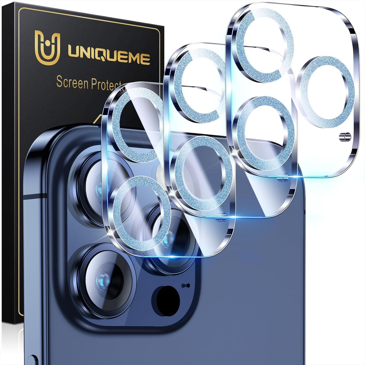 UniqueMe for 3 Pack iPhone 15 Pro/iPhone 15 Pro Max Camera Lens Protector, [Drop Protection] [Case Friendly] 9H Tempered Glass Camera Cover Screen [Update New Version] - Light Blue
