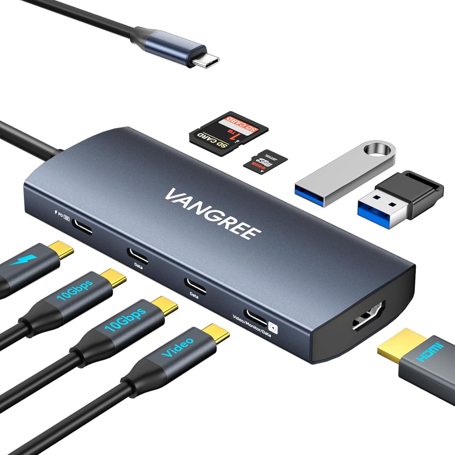 USB C Video Output Hub, 3 USB-C & 2 USB-A 3.2 10Gbps Ports, 4K@60Hz HDMI, 100W PD, SD/TF, USBC Splitter Dual Monitor Adapter for MacBook Pro/Air, iMac, iPad Pro, XPS, Surface, Galaxy S22,Samsung DEX