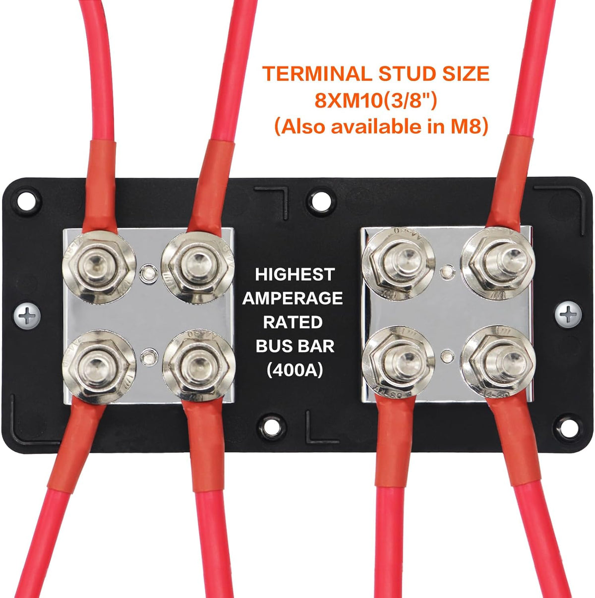400A Bus Bar 8 M10 (3/8 inch) Terminal Studs Modular Design Tin Plated Copper Distribution Block Positive Pole Electrical Buss Bars 12-48 V DC with Cover for Trailer Marine Boat Car RV