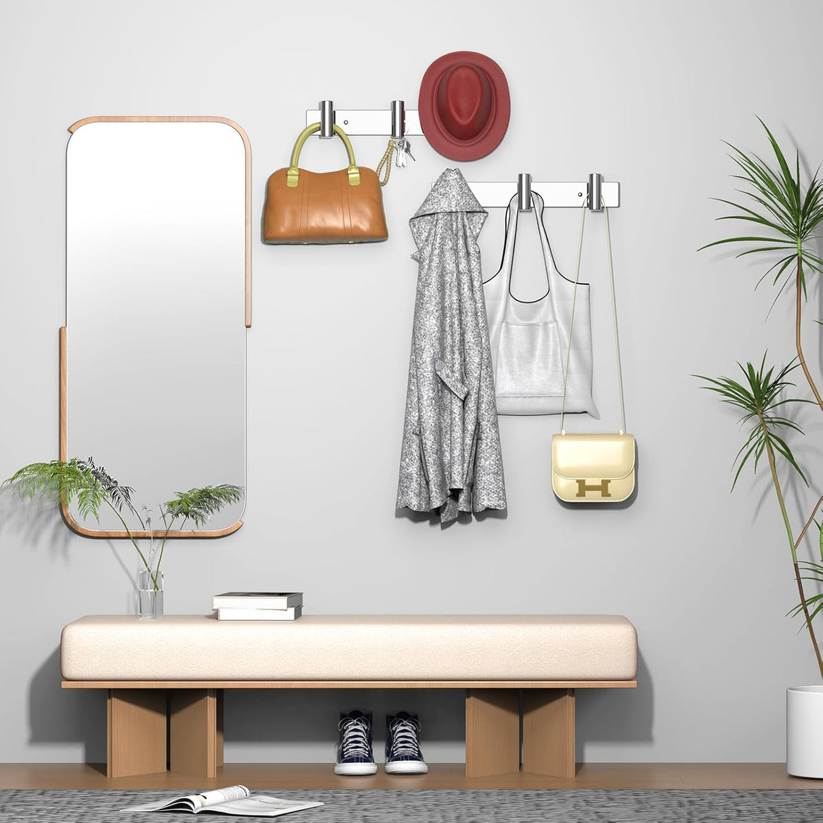 VAEHOLD Hat and Coat Wall Mount Rack - Hooks for Robes, Bags, Keys, and Towels - Bathroom Towel Hanger Organizer (Polished Chrome, “T“ Shape 3 Hooks 2 Pack)