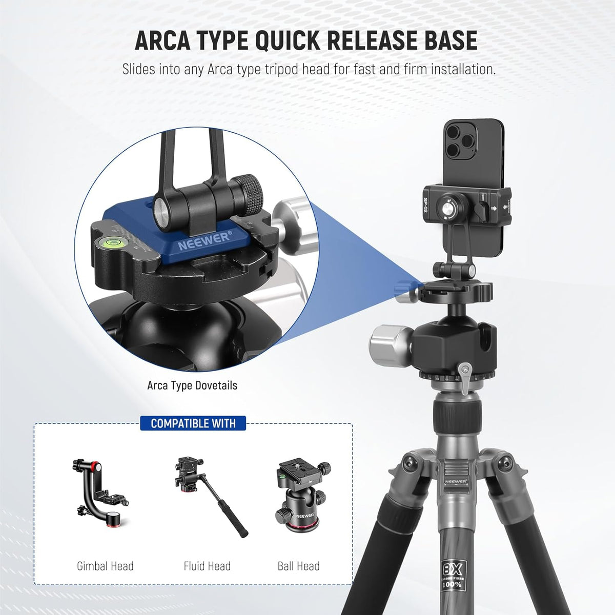 NEEWER SP-02 Phone Tripod Mount Adapter with Arca Type Quick Release Plate Cold Shoe 360° Rotation 180° Tilt Cleaning Cloth, Foldable Holder Compatible with iPhone Android Samsung for Video Recording
