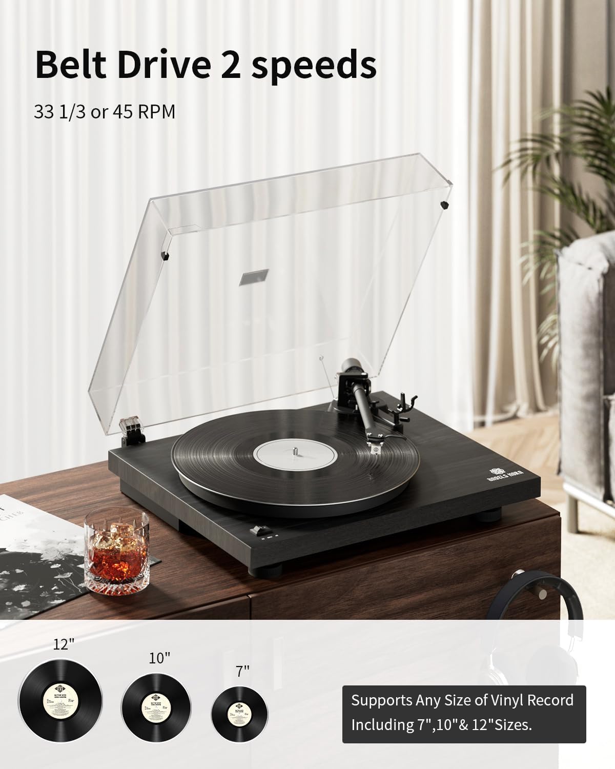 ANGELS HORN High Fidelity Vinyl Record Player, Bluetooth Turntable, 2 Speed Belt Drive, Built-in Preamp, Adjustable Counterweight,Magnetic Cartridge (Black)