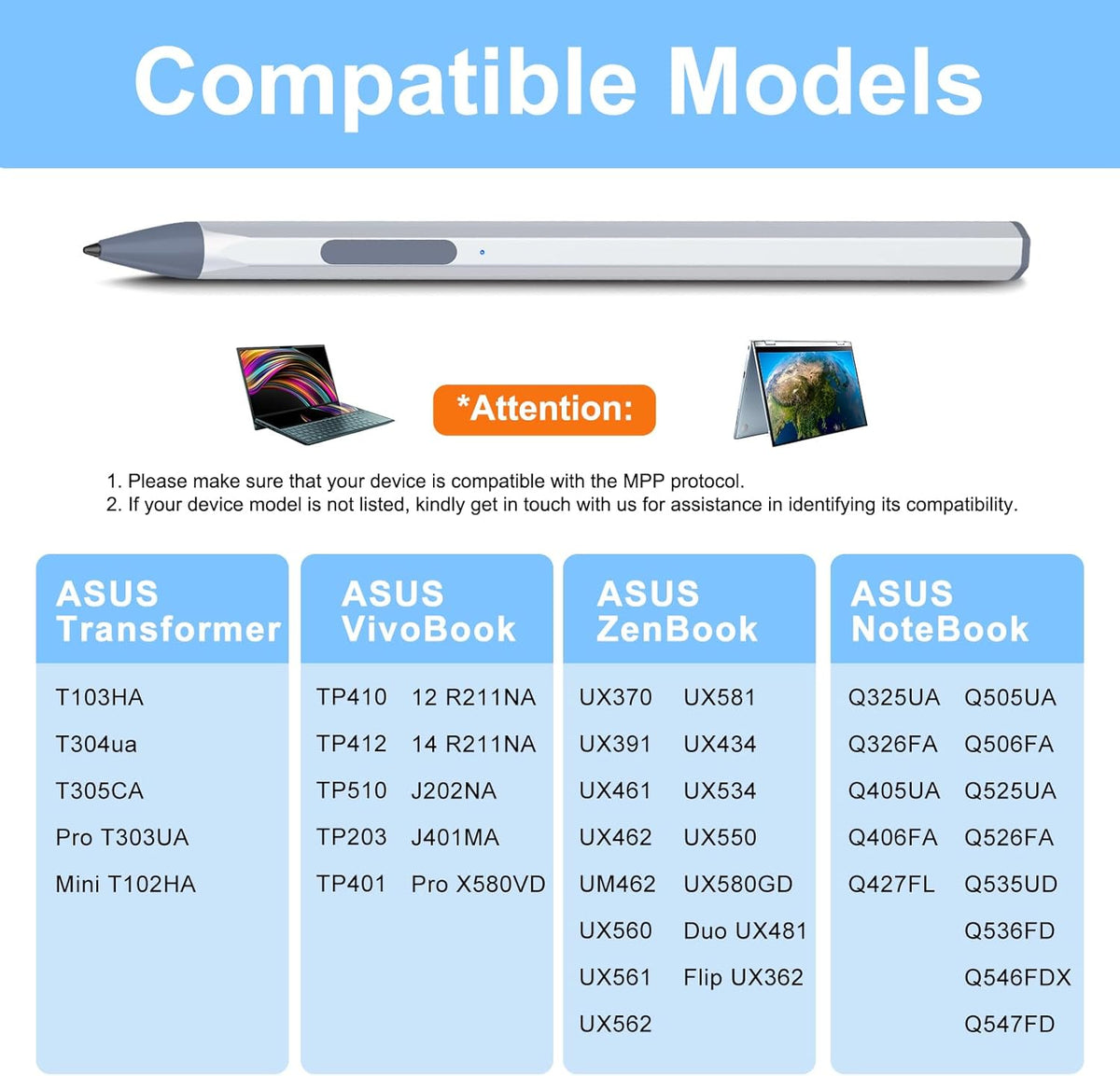 ASUS Stylus Pen for Transformer/Vivobook Flip/Notebook Touchscreen Laptop/Tablet - Rechargeable, 4096 Pressure Sensitivity, MPP 2.0 Tilt Pencil, Silver