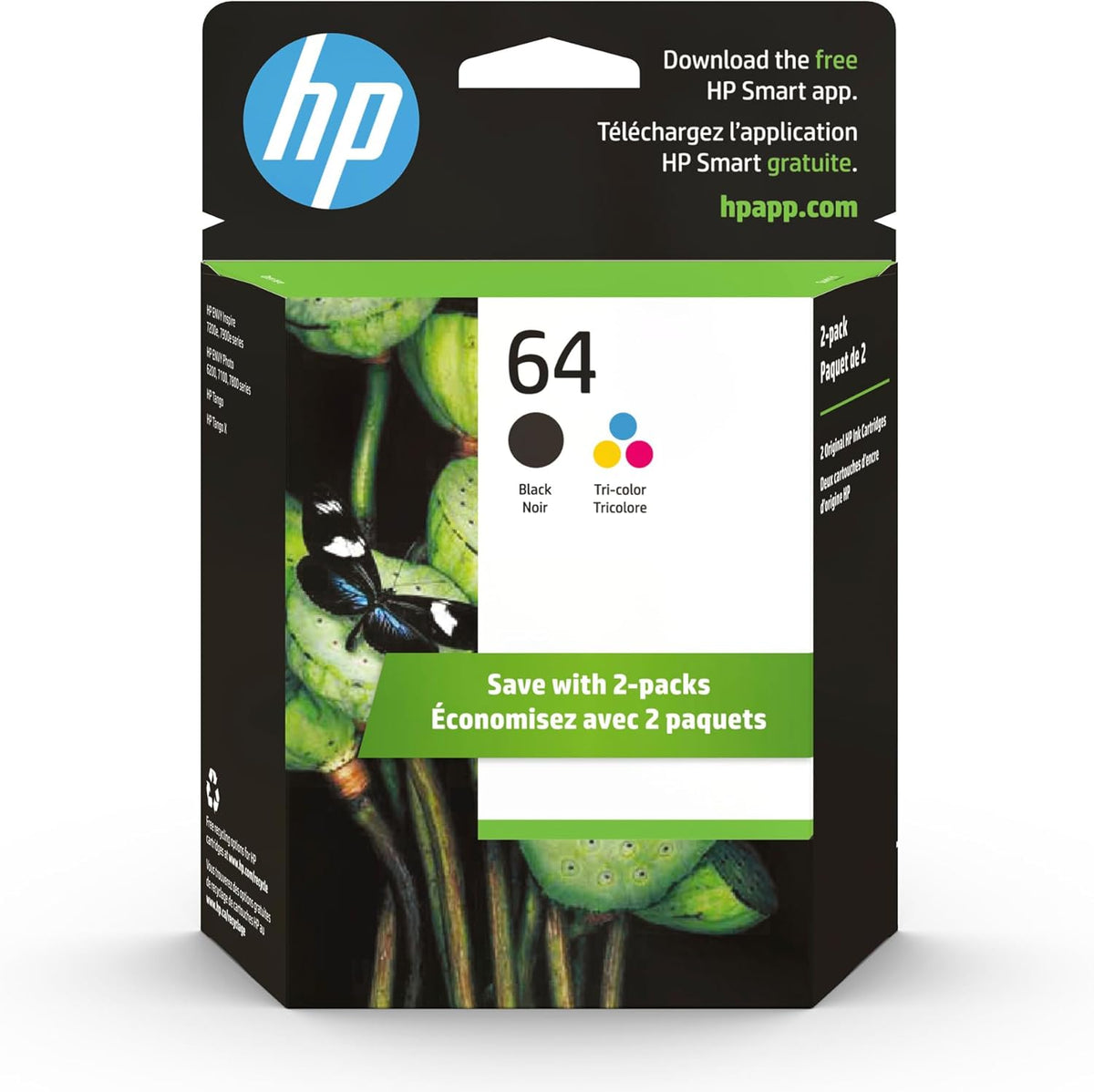 HP 64 Black & Tri-Color Ink Cartridges for HP Printers (Combo Pack) | Works with Printer Series: Inspire 7950e; ENVY Photo 6200, 7100, 7800; Tango | Eligible for Instant Ink | X4D92AN