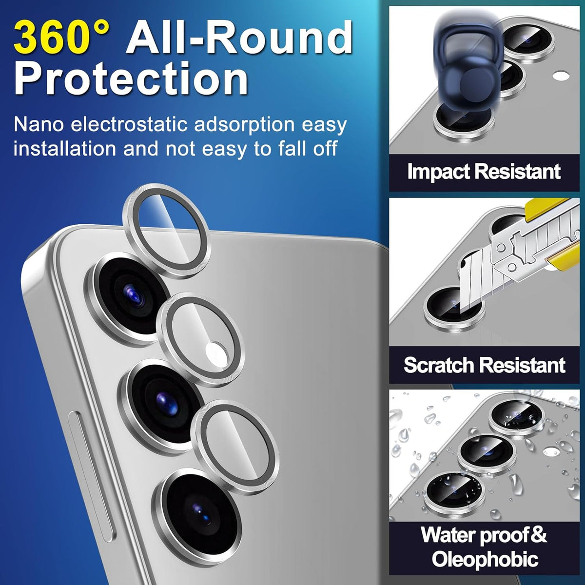for Samsung Galaxy S25 Plus Camera Lens Protector, Individual Metal Ring Tempered Glass Lens Cover, [Strong Adsorption] Scratch Resistant Ultra-Thin HD Clear Lens Cover, 1 Set-Silvery