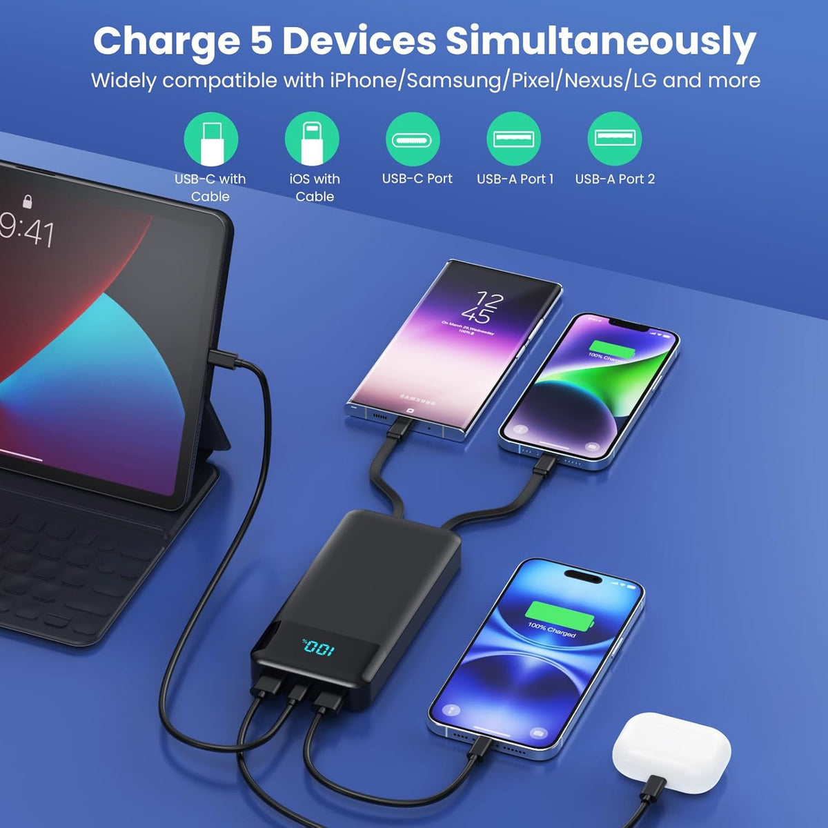 Portable Charger 40800mAh Power Bank with 3 Built-in Cable,25W PD USB C in&Out Power Bank Fast Phone Charging,QC4.0 LED Display Portable Battery Pack Compatible with iPhone 16/15, Galaxy Android-Black