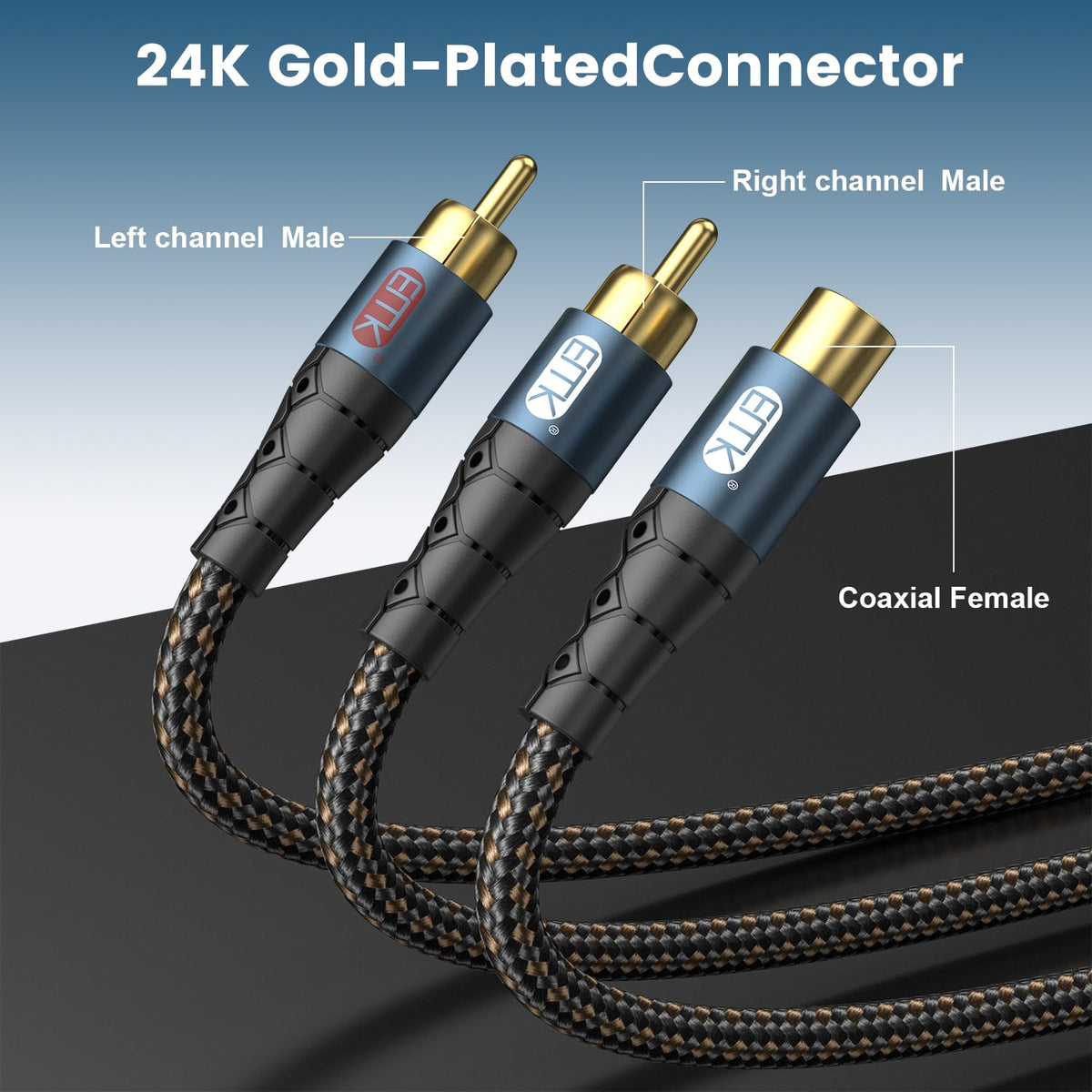 EMK RCA Splitter 2 Male to Female Extension Cable Dual Shielding Gold Plated Nylon Braided RCA Splitter 1 Female to 2 Male Cord Adapter 1ft/30CM