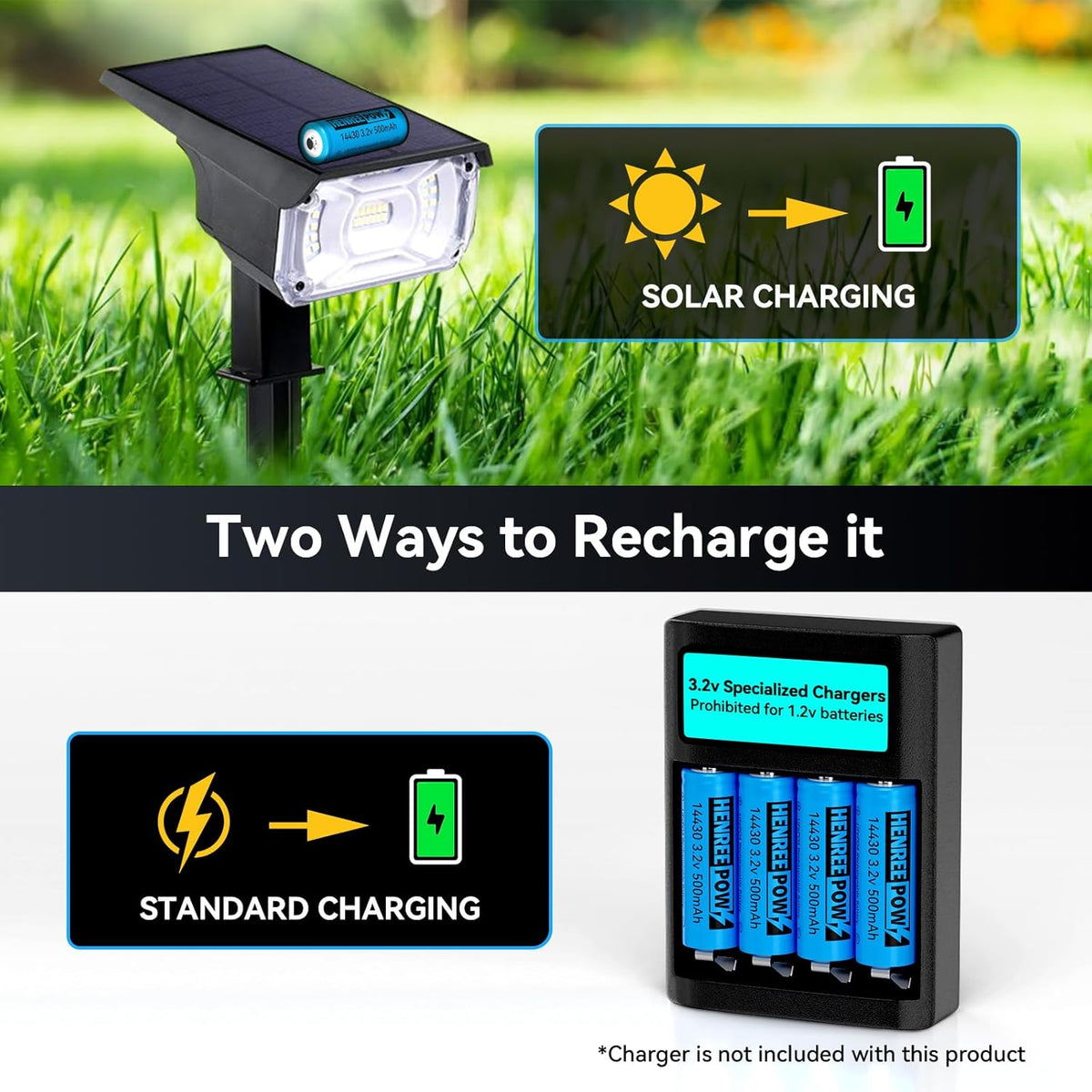 Henreepow LiFePo4 Battery 14430, 3.2v Rechargeable Solar Batteries, 500mAh LiFePo4 Battery for Outdoor Solar Garden Lights, Shaver, Flashlight, Toothbrush (6pack-Not AA Size)