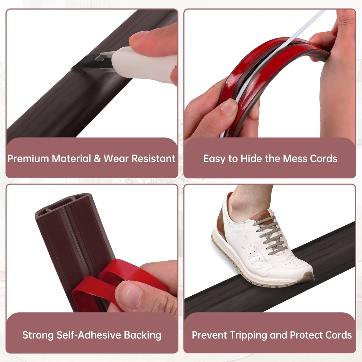 Floor Cord Cover Self Adhesive Cord Hider Floor Extension Cord Covers for Floor Power Cord Protector Cable Management Prevent Cable Trips Cable Cavity 0.51" W x 0.31" H (Dark Walnut, 20Ft)