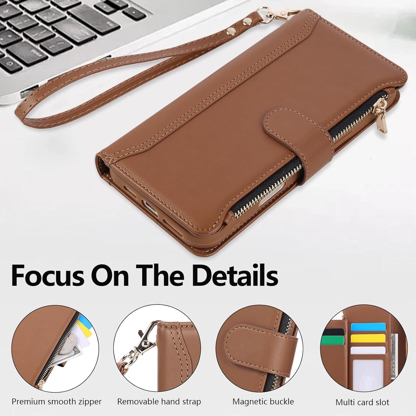 Compatible with iPhone 13 Pro Max Wallet Phone Case-PU Leather Magnetic Flip Cover with Credit Card Slots,Zipper Pocket & Detachable Wrist Strap,Shockproof Design,for Women and Men-Brown