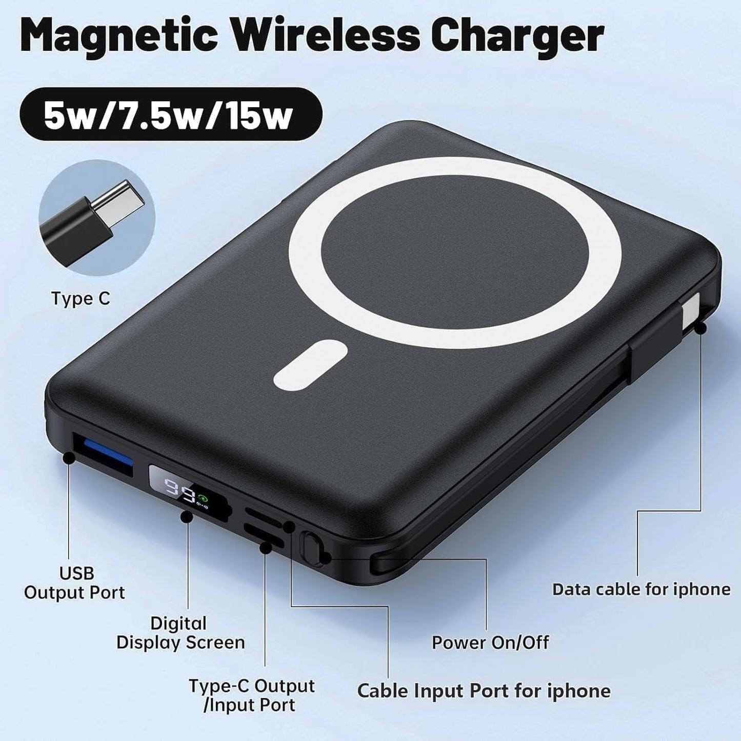 Azmuth for Magsafe Battery Pack, 10000mAh Magnetic Power Bank 22.5W PD Fast Charging with USB-C Cable LED Display Wireless Portable Charger for Magsafe with Stand for iPhone 16/15/14/13/12/Pro/Pro Max