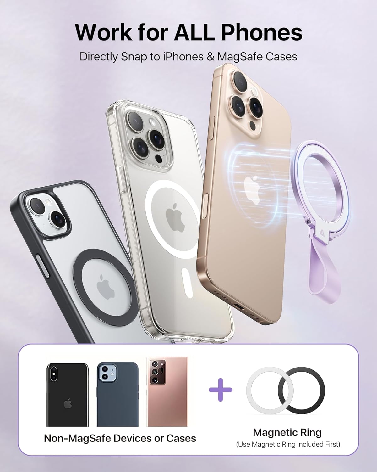andobil [2025 Unrivaled Stability] Magnetic Phone Grip Holder for MagSafe Ring Stand Holder Kickstand Compatible with MagSafe Accessories for iPhone 16 Pro Max Plus iPhone15/14/13/12&Android,Purple
