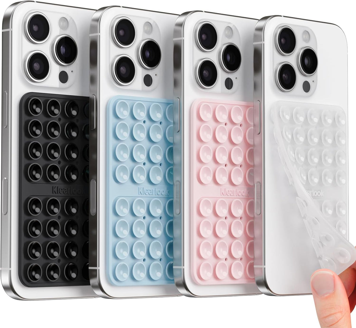 Klearlook 4Pack Silicone Suction Cup Phone Case Mount Double Sided, Sticky Phone Grip for Cell Phone, Hands-Free Phone Accessories for Selfies and Videos, Clear & Light Pink & Light Blue & Black